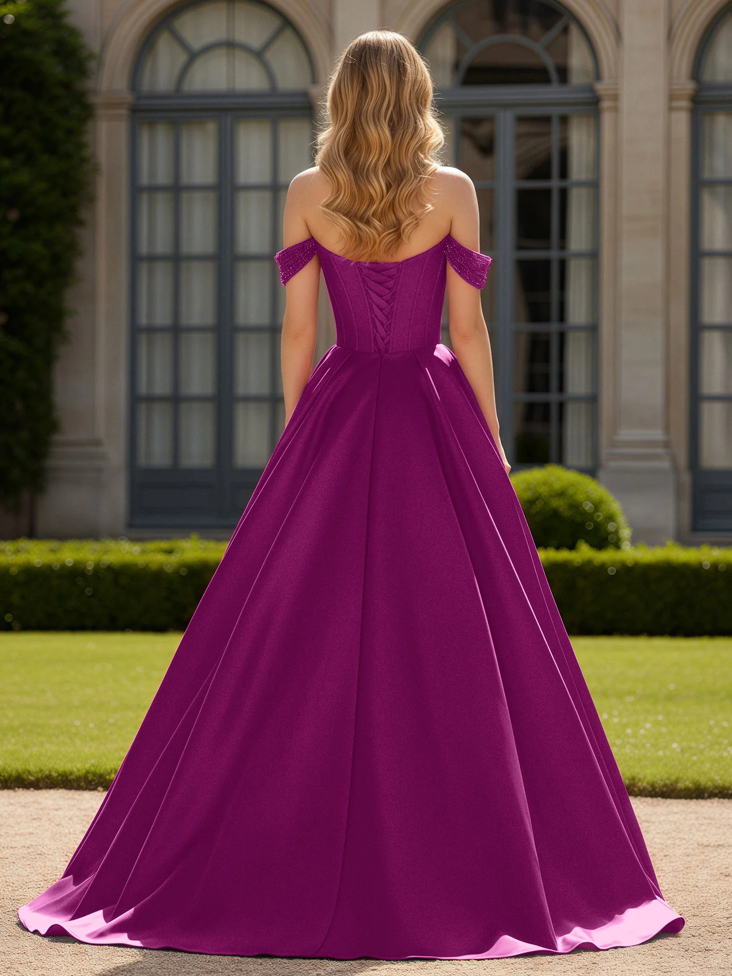 Off-Shoulder Beaded Sweetheart A-Line Gown with Slit Orchid - Image 2