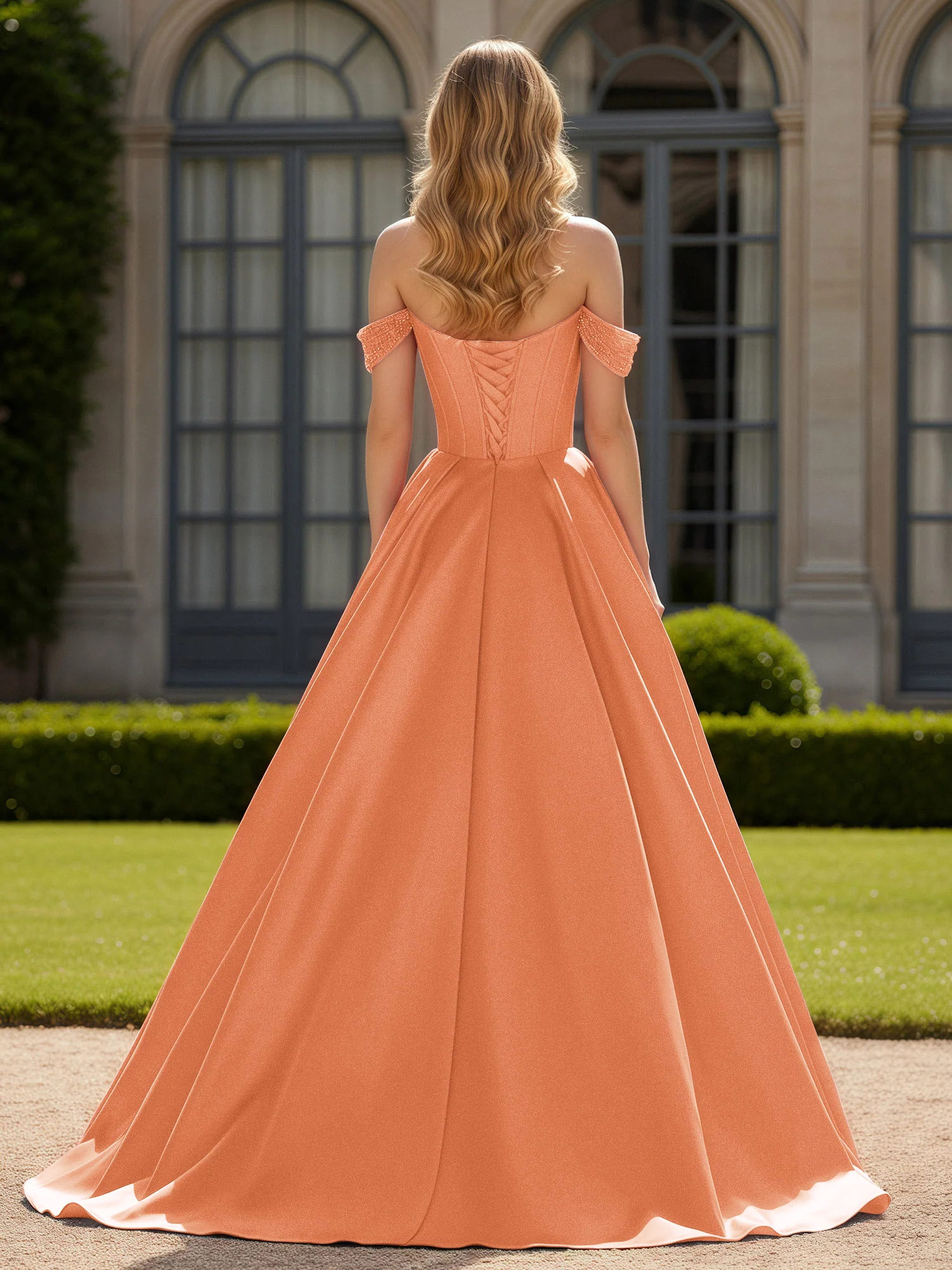 Off-Shoulder Beaded Sweetheart A-Line Gown with Slit Papaya - Image 2