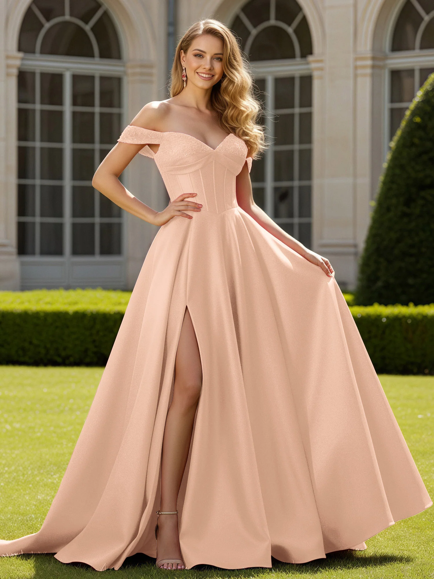 Off-Shoulder Beaded Sweetheart A-Line Gown with Slit Peach