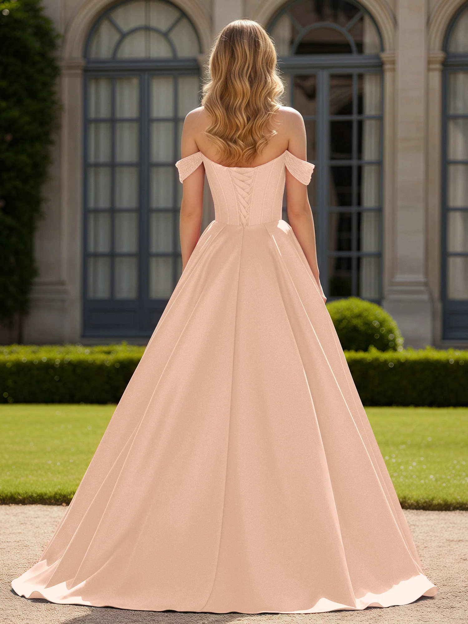 Off-Shoulder Beaded Sweetheart A-Line Gown with Slit Peach - Image 2