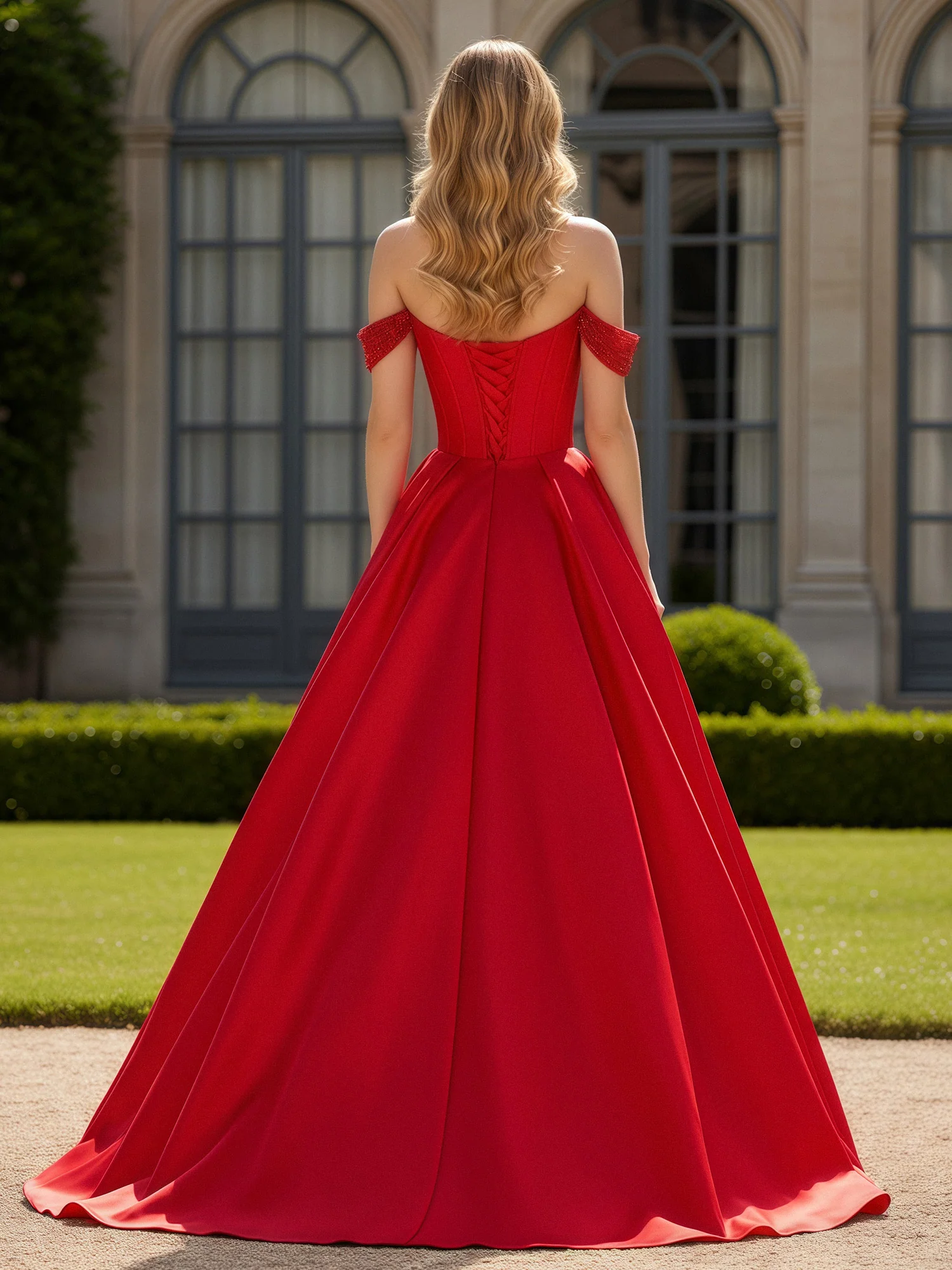 Off-Shoulder Beaded Sweetheart A-Line Gown with Slit Red - Image 2