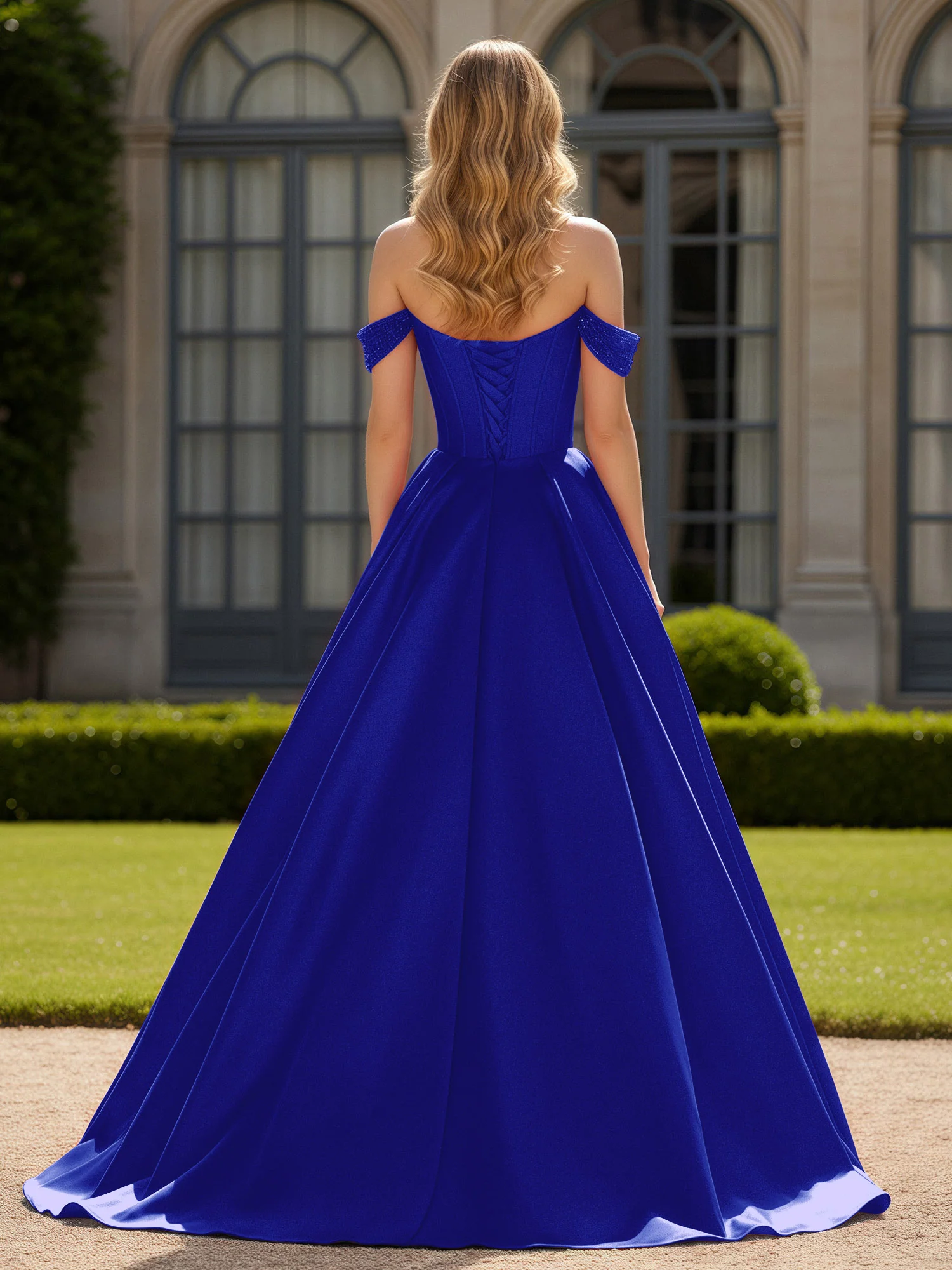 Off-Shoulder Beaded Sweetheart A-Line Gown with Slit Royal Blue - Image 2