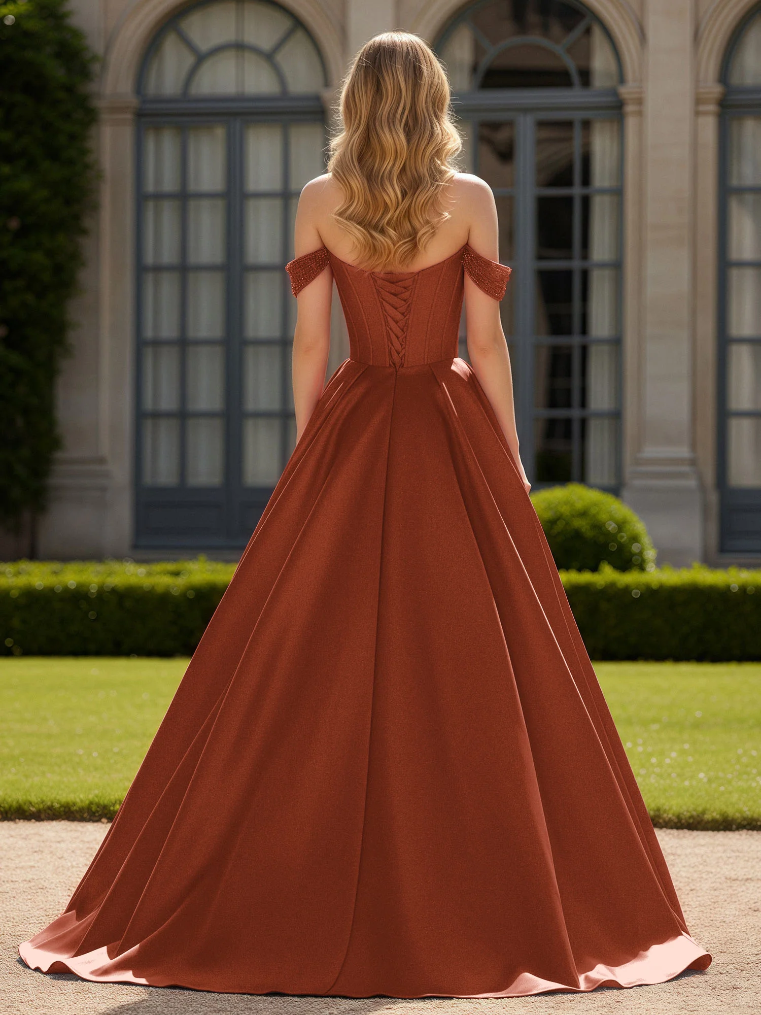 Off-Shoulder Beaded Sweetheart A-Line Gown with Slit Rust - Image 2