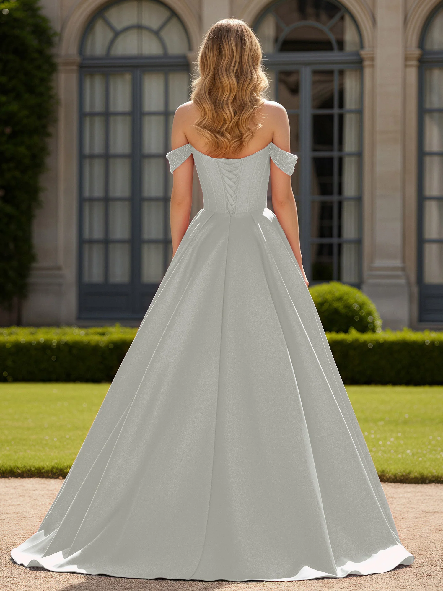 Off-Shoulder Beaded Sweetheart A-Line Gown with Slit Silver - Image 2