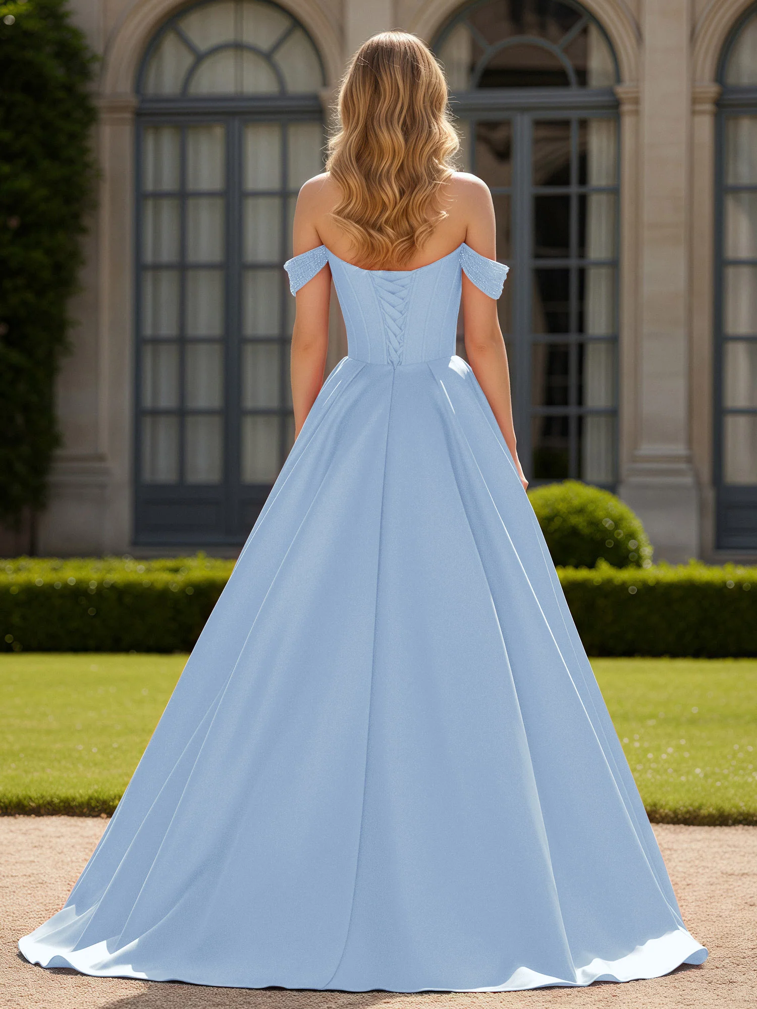 Off-Shoulder Beaded Sweetheart A-Line Gown with Slit Sky Blue - Image 2