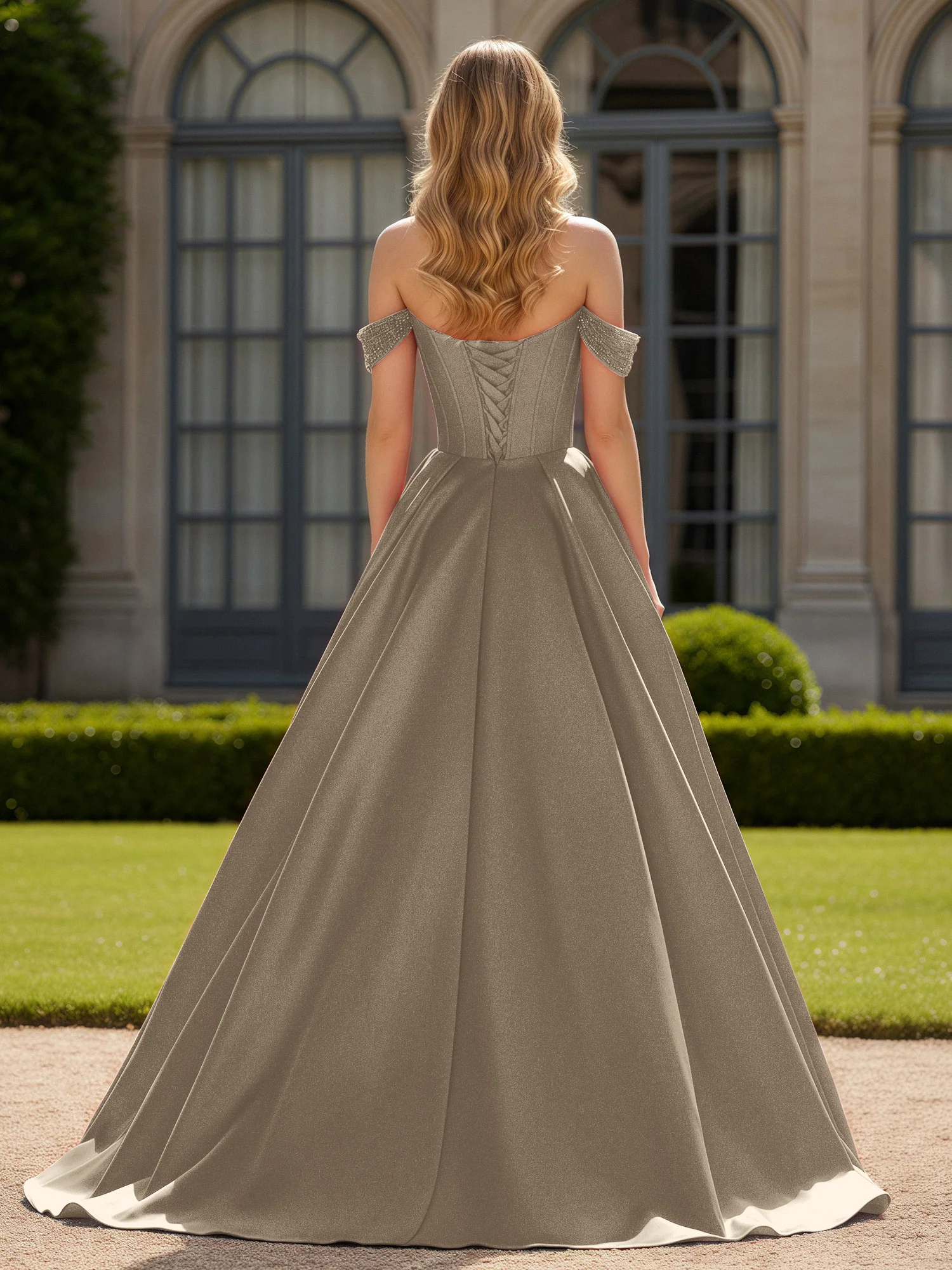 Off-Shoulder Beaded Sweetheart A-Line Gown with Slit Taupe - Image 2