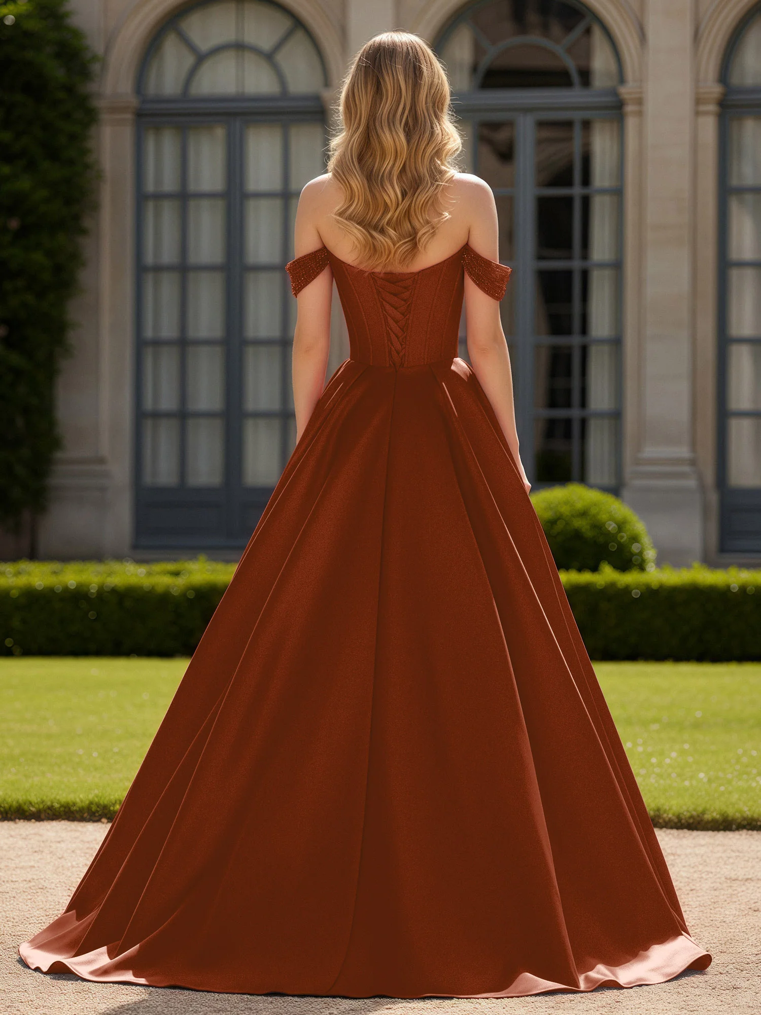 Off-Shoulder Beaded Sweetheart A-Line Gown with Slit Terracotta - Image 2