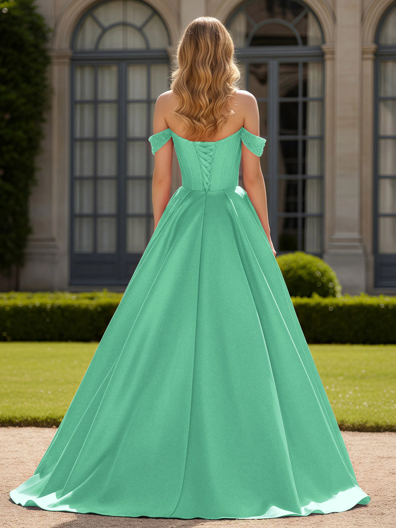 Off-Shoulder Beaded Sweetheart A-Line Gown with Slit Turquoise - Image 2