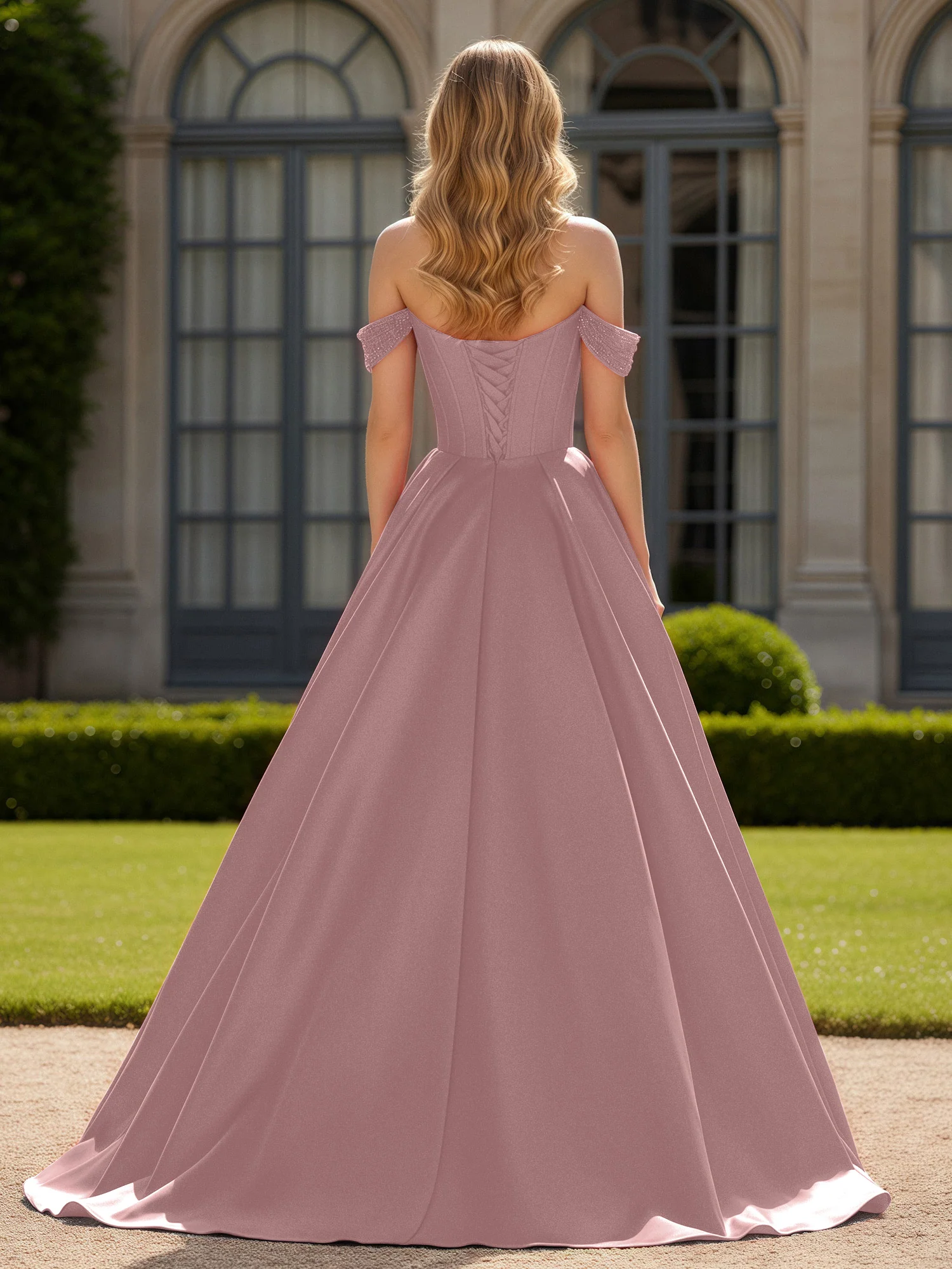 Off-Shoulder Beaded Sweetheart A-Line Gown with Slit Vintage Mauve - Image 2