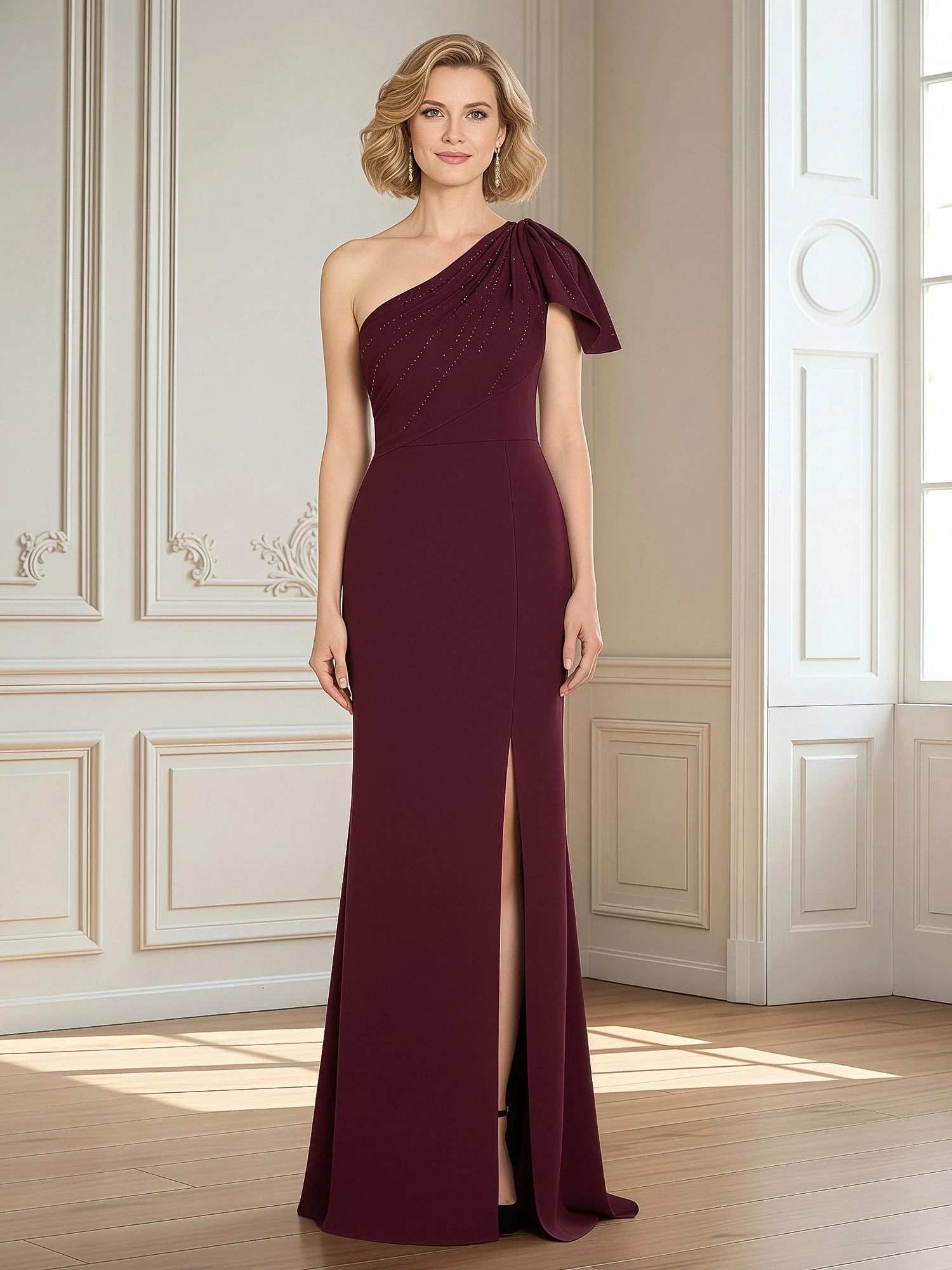 One-Shoulder Column Gown with Draped Asymmetric Neckline Dark Green
