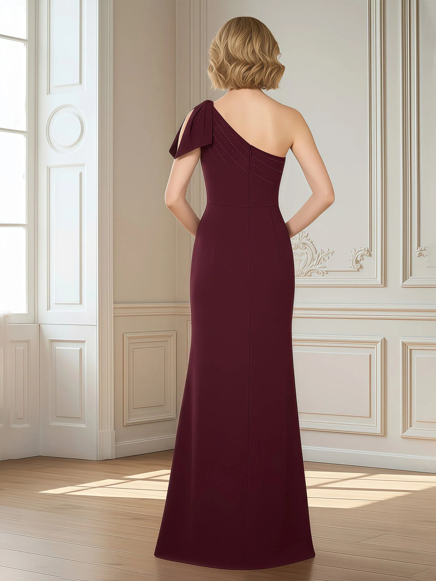 One-Shoulder Column Gown with Draped Asymmetric Neckline Dark Green - Image 2