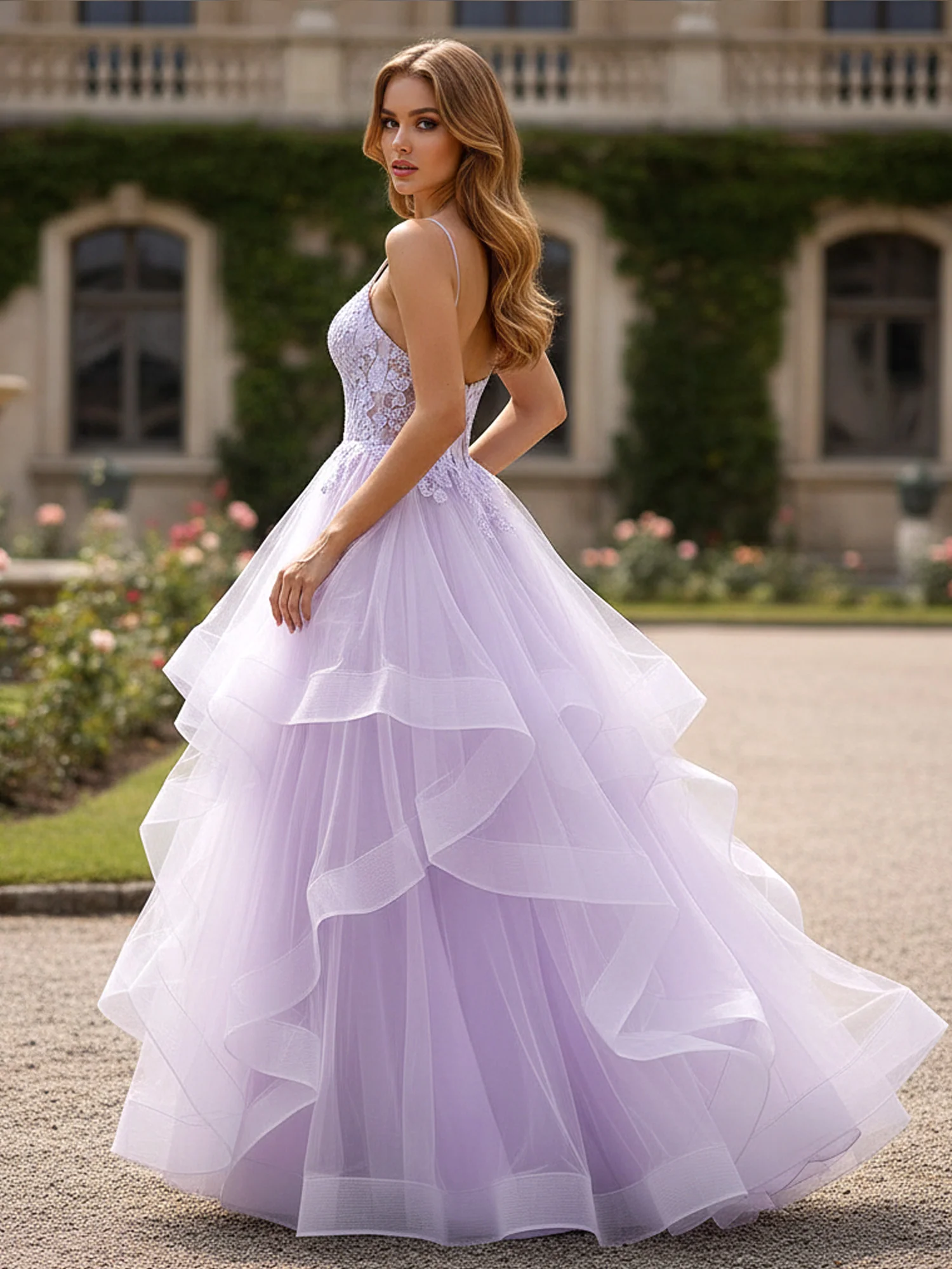 Spaghetti Strap Lace Bodice Tiered Ruffle Gown Lilac - Image 2