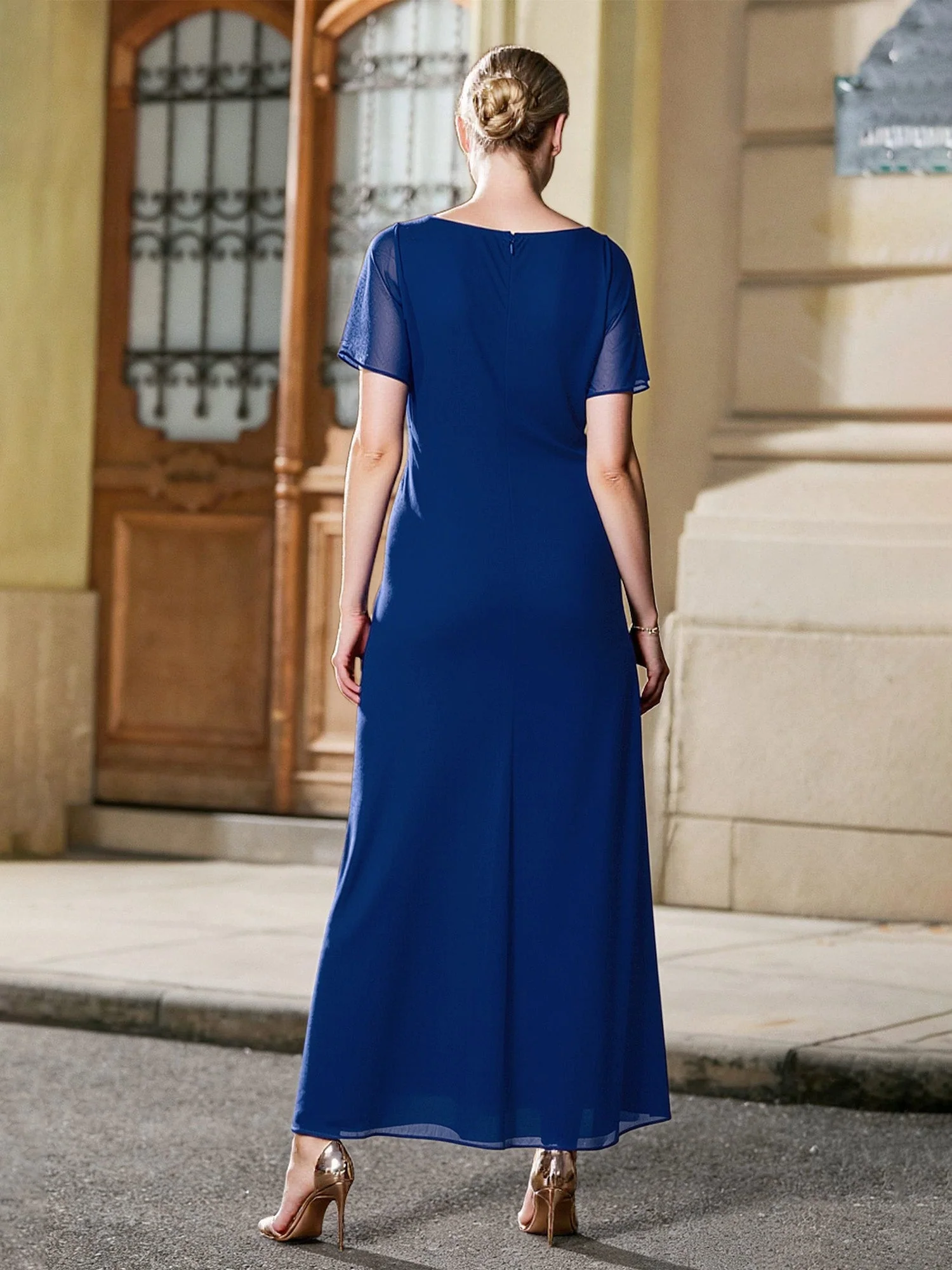 Pleated V-neck Ruffles Long Dress With Rhinestone Lime Green - Image 2