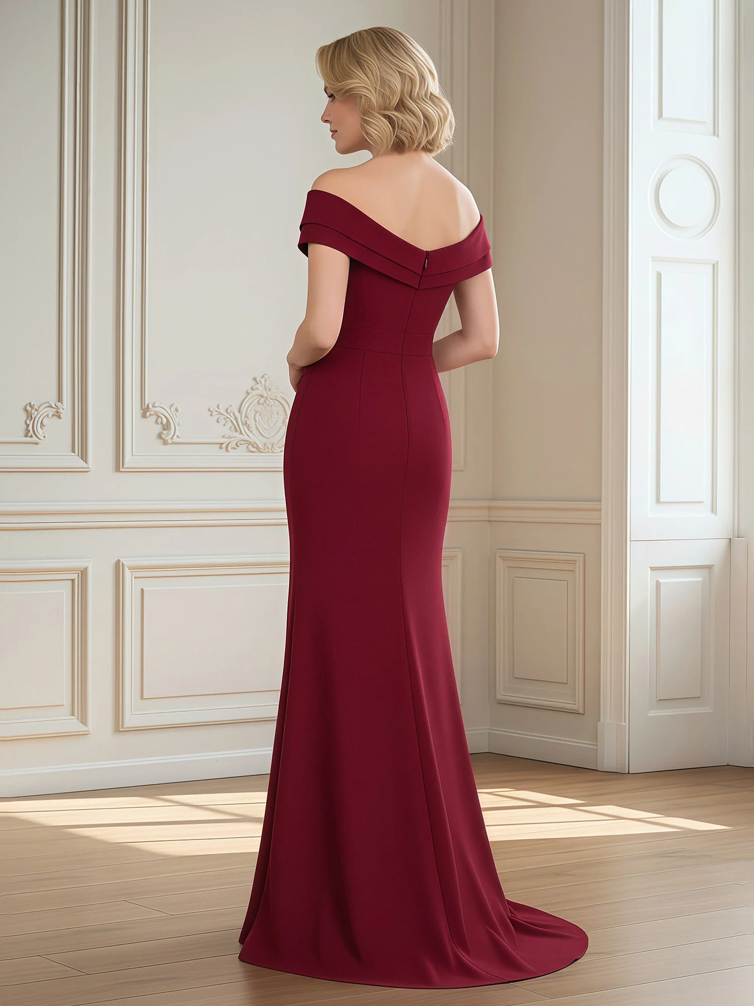 Off-Shoulder Mermaid Gown with Draped Surplice Bodice Burgundy - Image 2