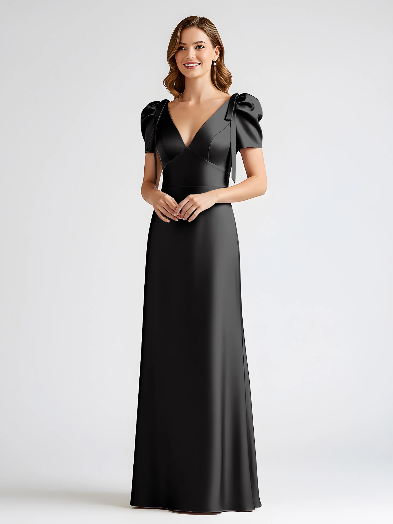 Bow-Detail Short Sleeve Satin Column Maxi Dress Black