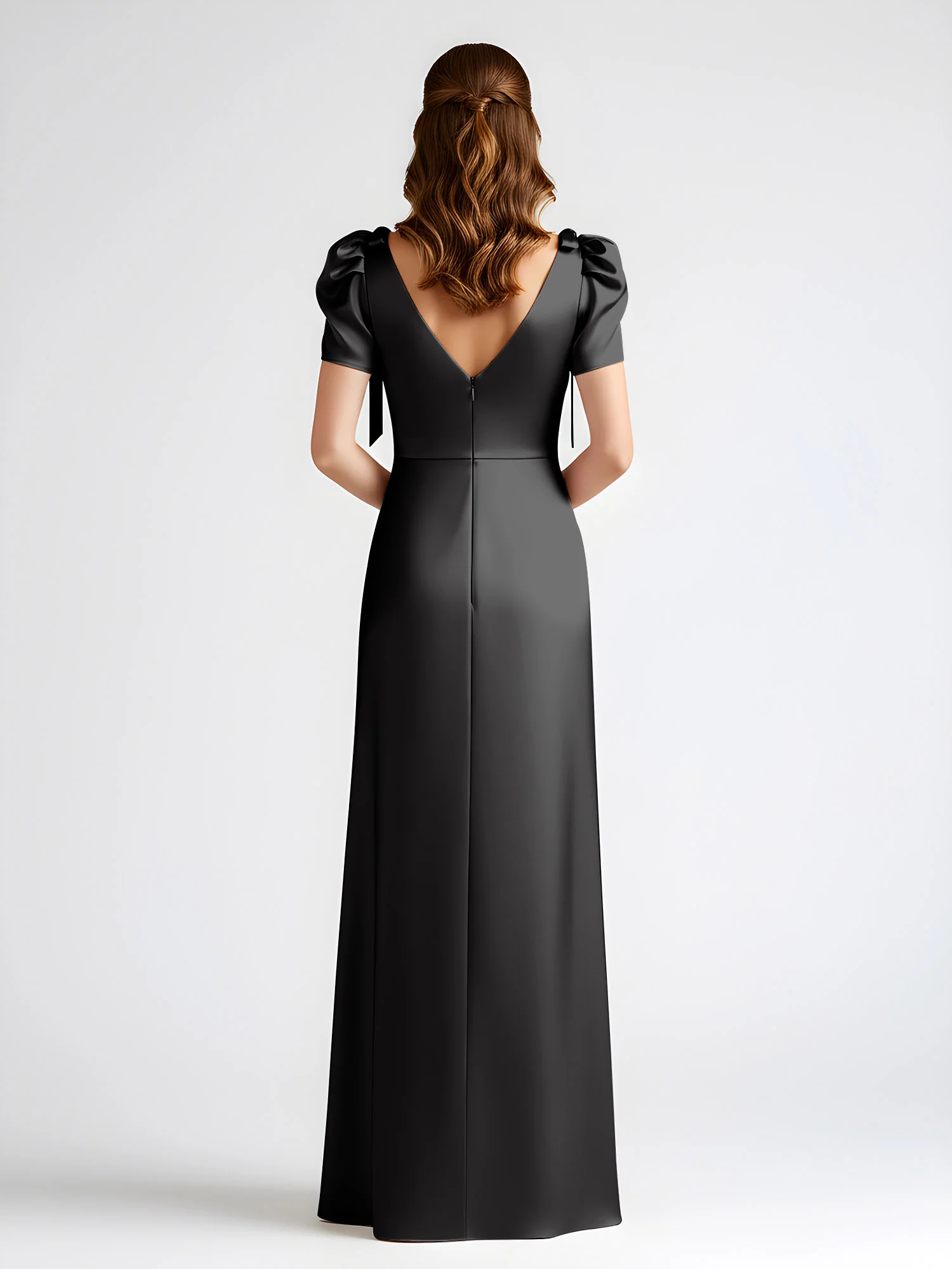 Bow-Detail Short Sleeve Satin Column Maxi Dress Black - Image 2