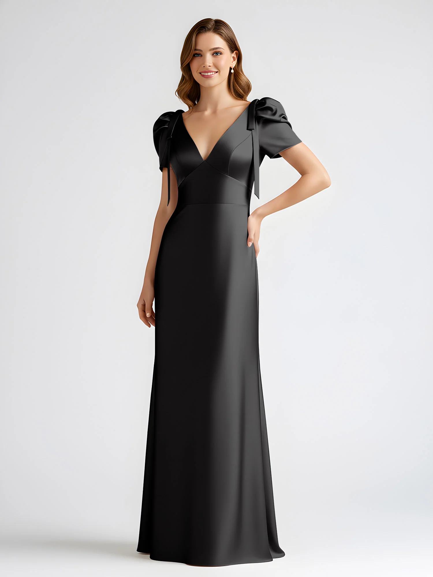 Bow-Detail Short Sleeve Satin Column Maxi Dress Black - Image 3