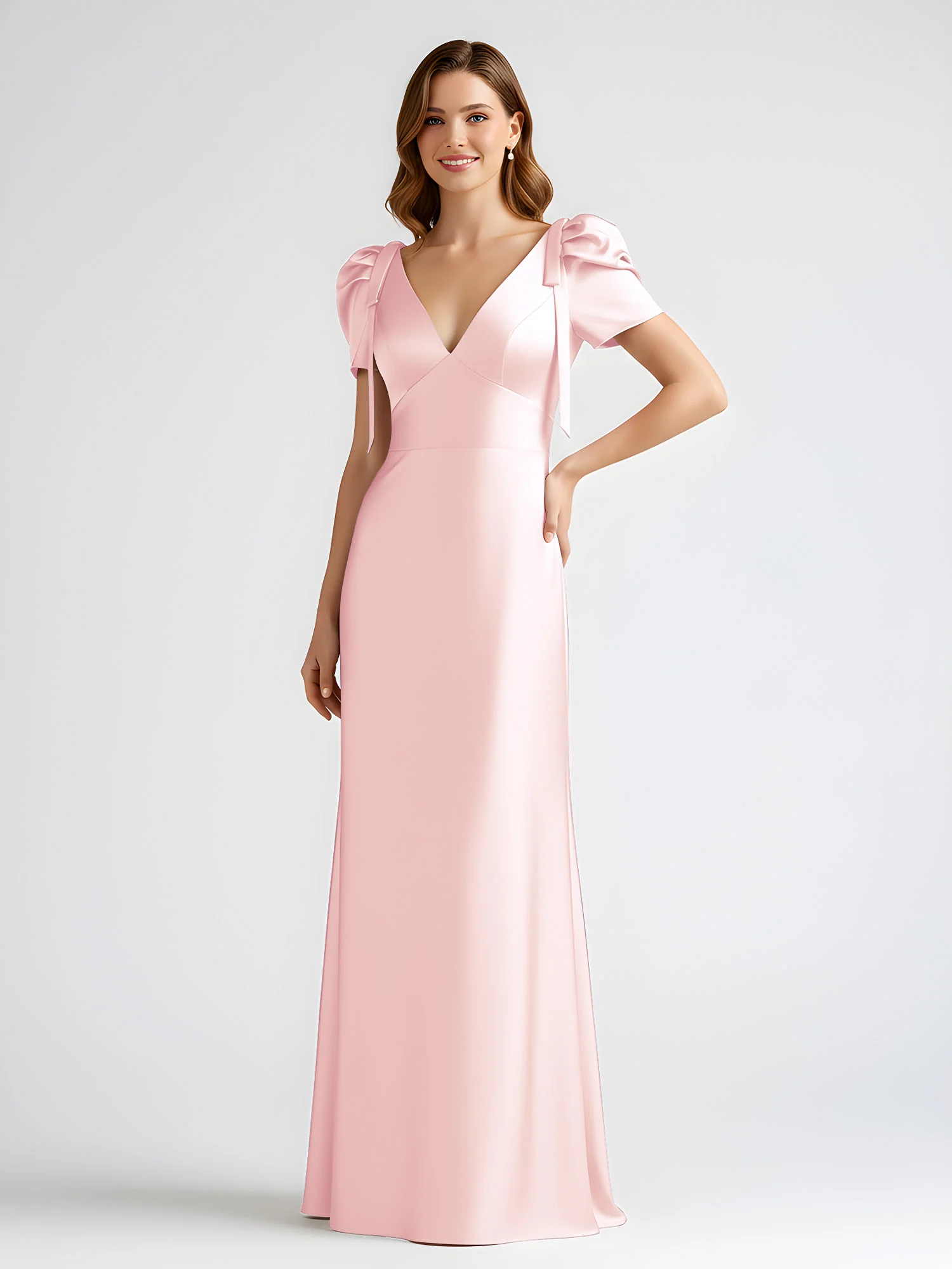 Bow-Detail Short Sleeve Satin Column Maxi Dress Blushing Pink - Image 3