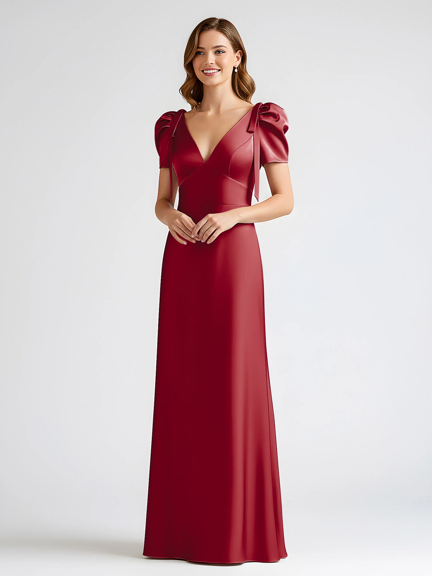 Bow-Detail Short Sleeve Satin Column Maxi Dress Burgundy