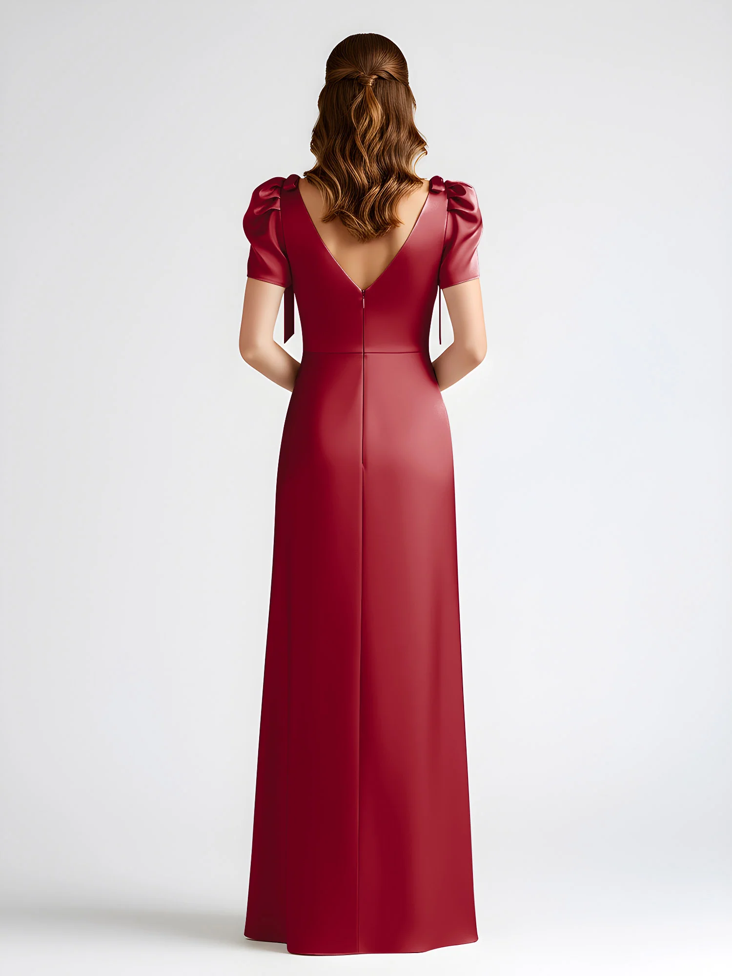 Bow-Detail Short Sleeve Satin Column Maxi Dress Burgundy - Image 2