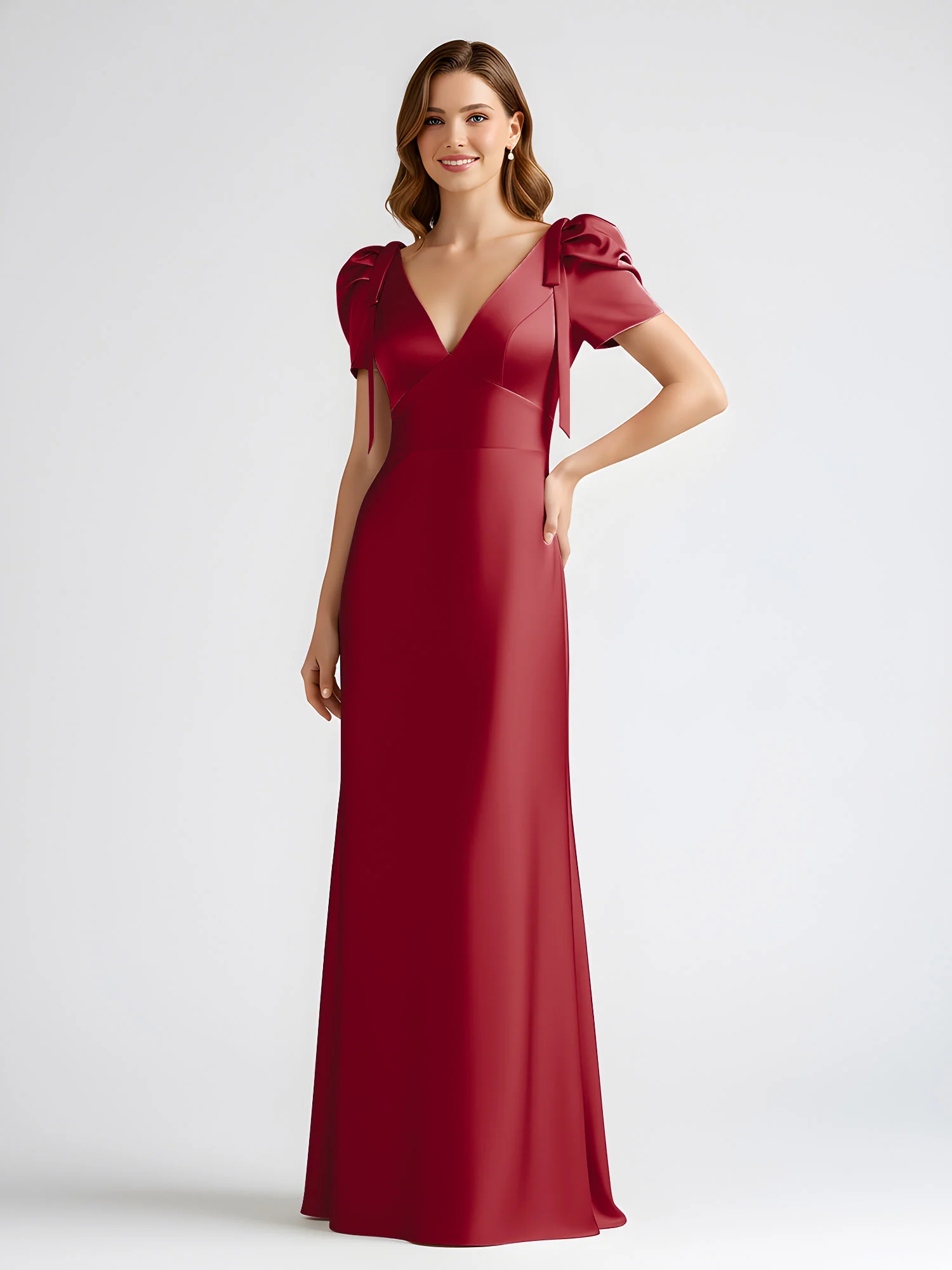 Bow-Detail Short Sleeve Satin Column Maxi Dress Burgundy - Image 3