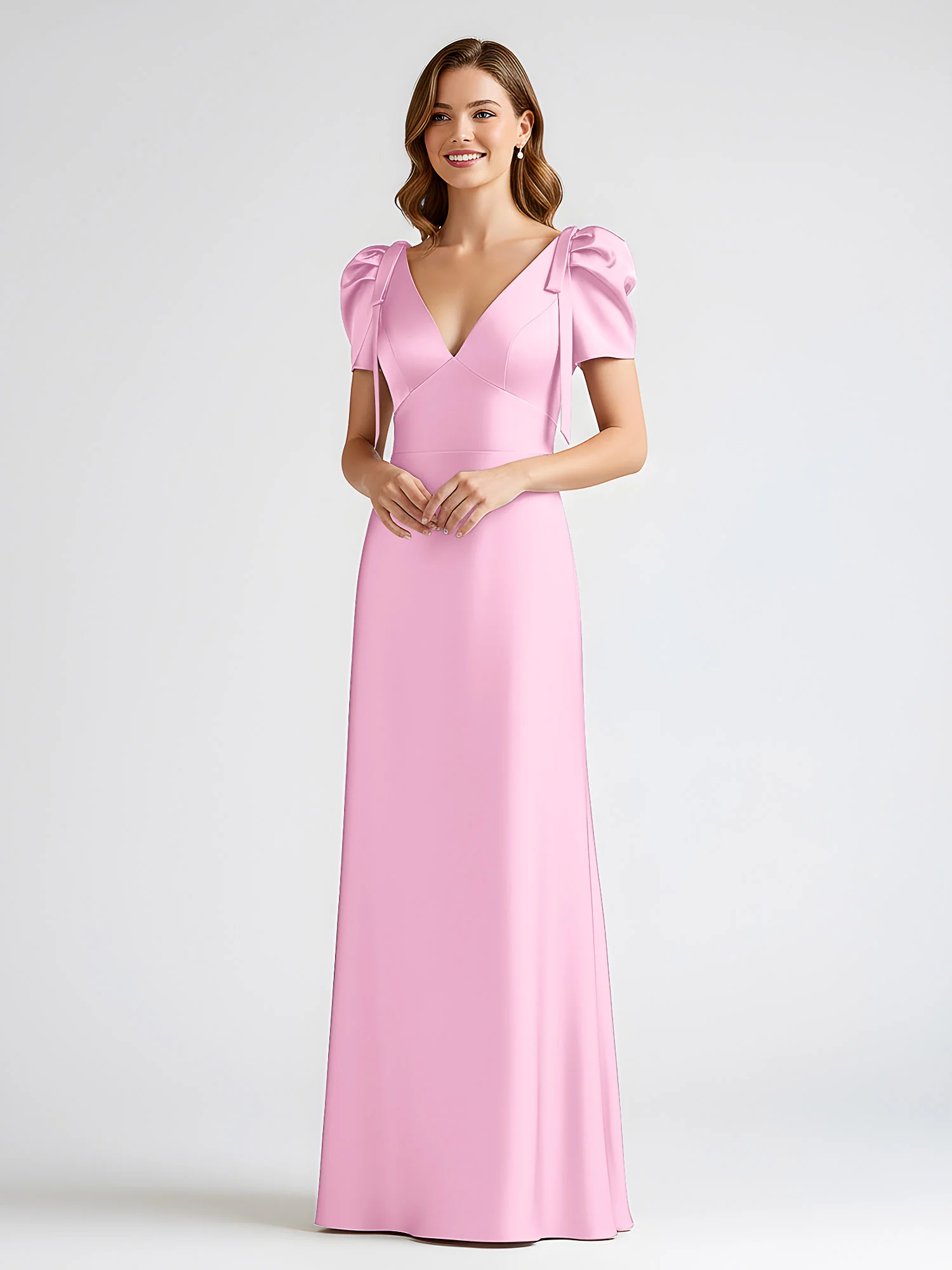 Bow-Detail Short Sleeve Satin Column Maxi Dress Candy Pink