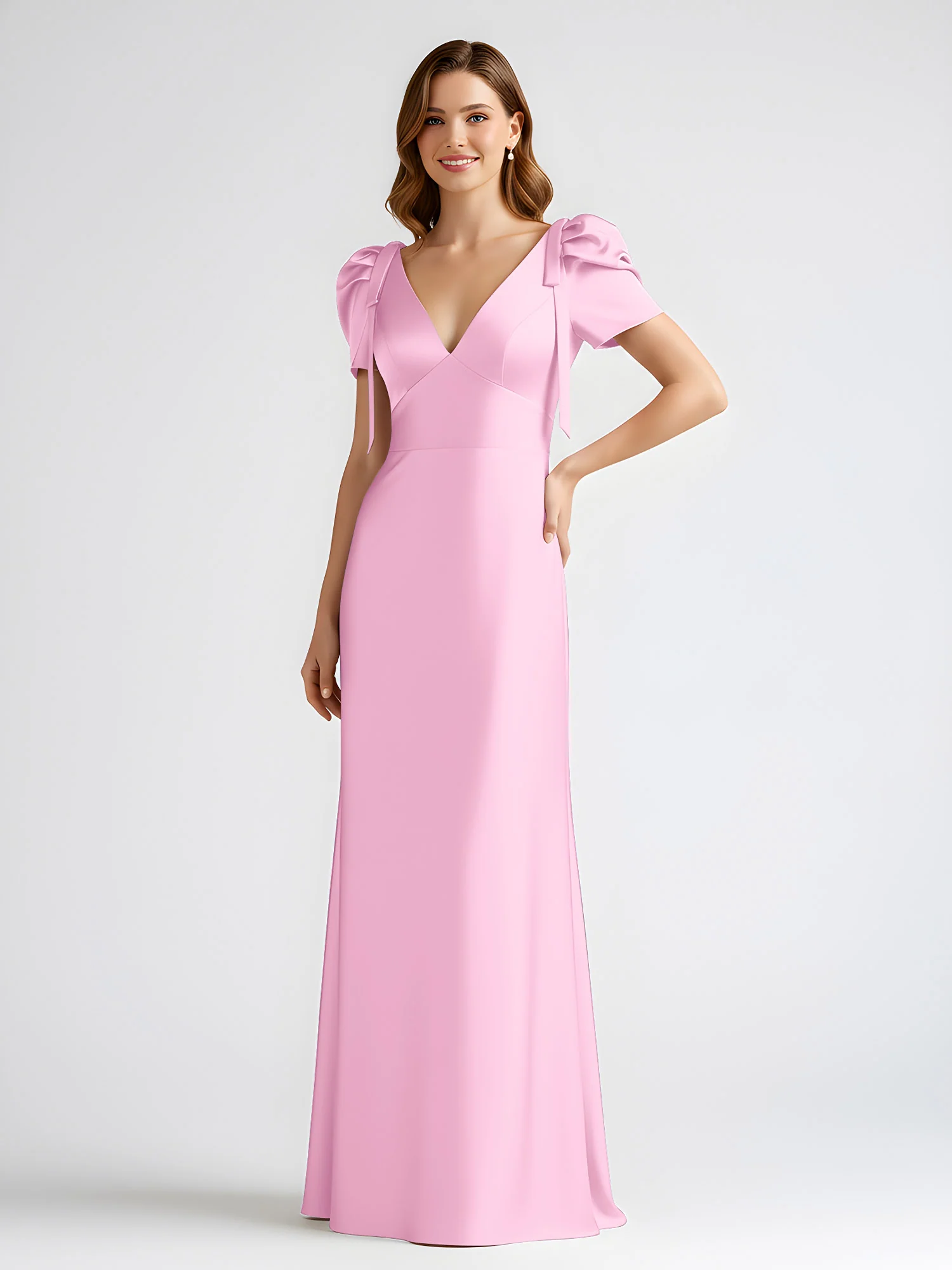 Bow-Detail Short Sleeve Satin Column Maxi Dress Candy Pink - Image 3