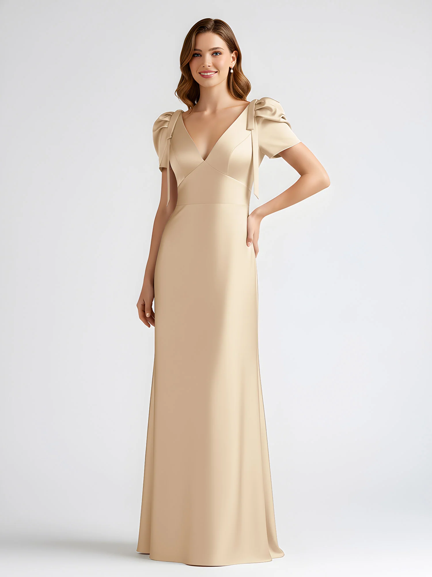 Bow-Detail Short Sleeve Satin Column Maxi Dress Champagne - Image 3