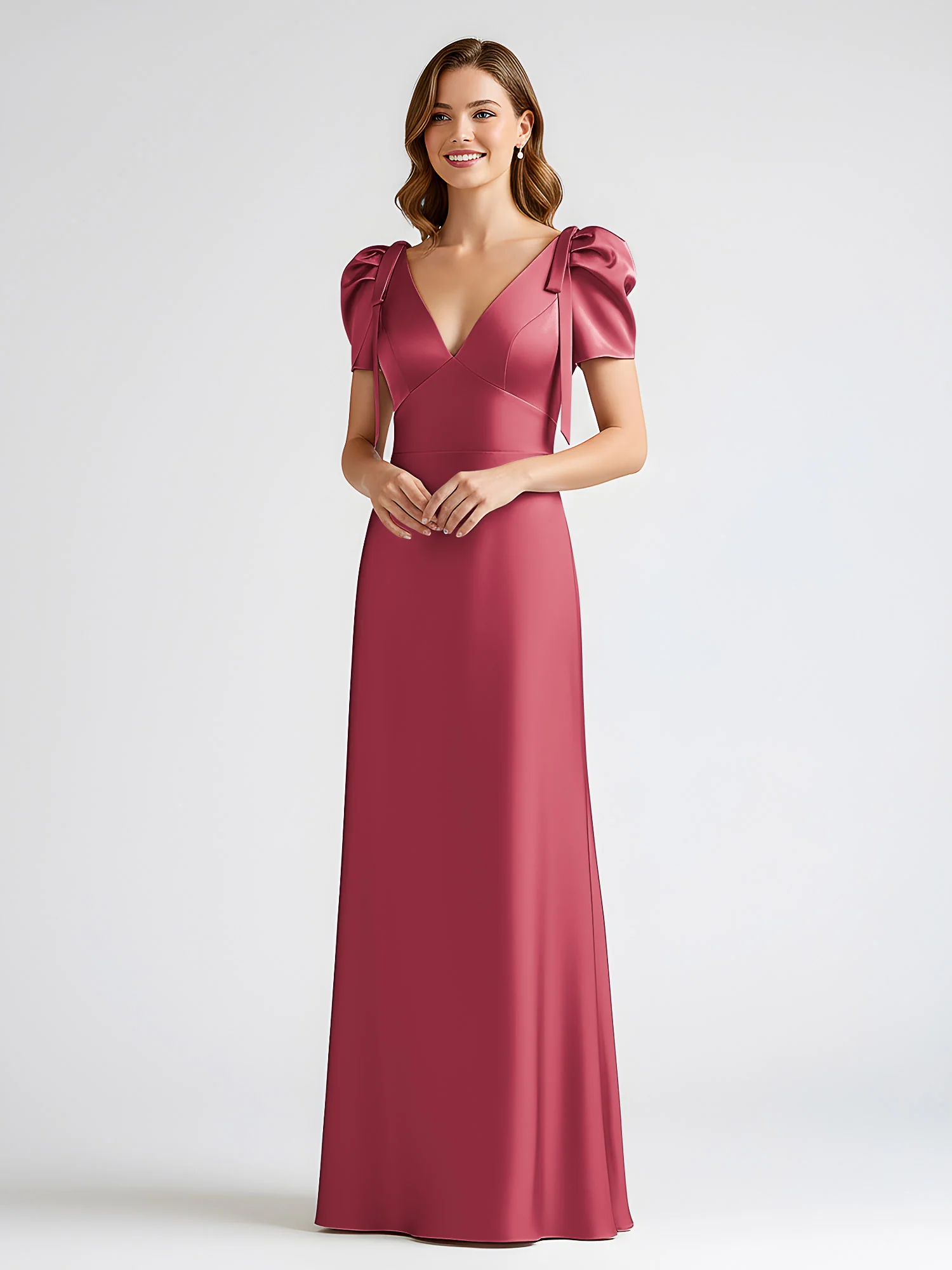Bow-Detail Short Sleeve Satin Column Maxi Dress Cinnamon Rose
