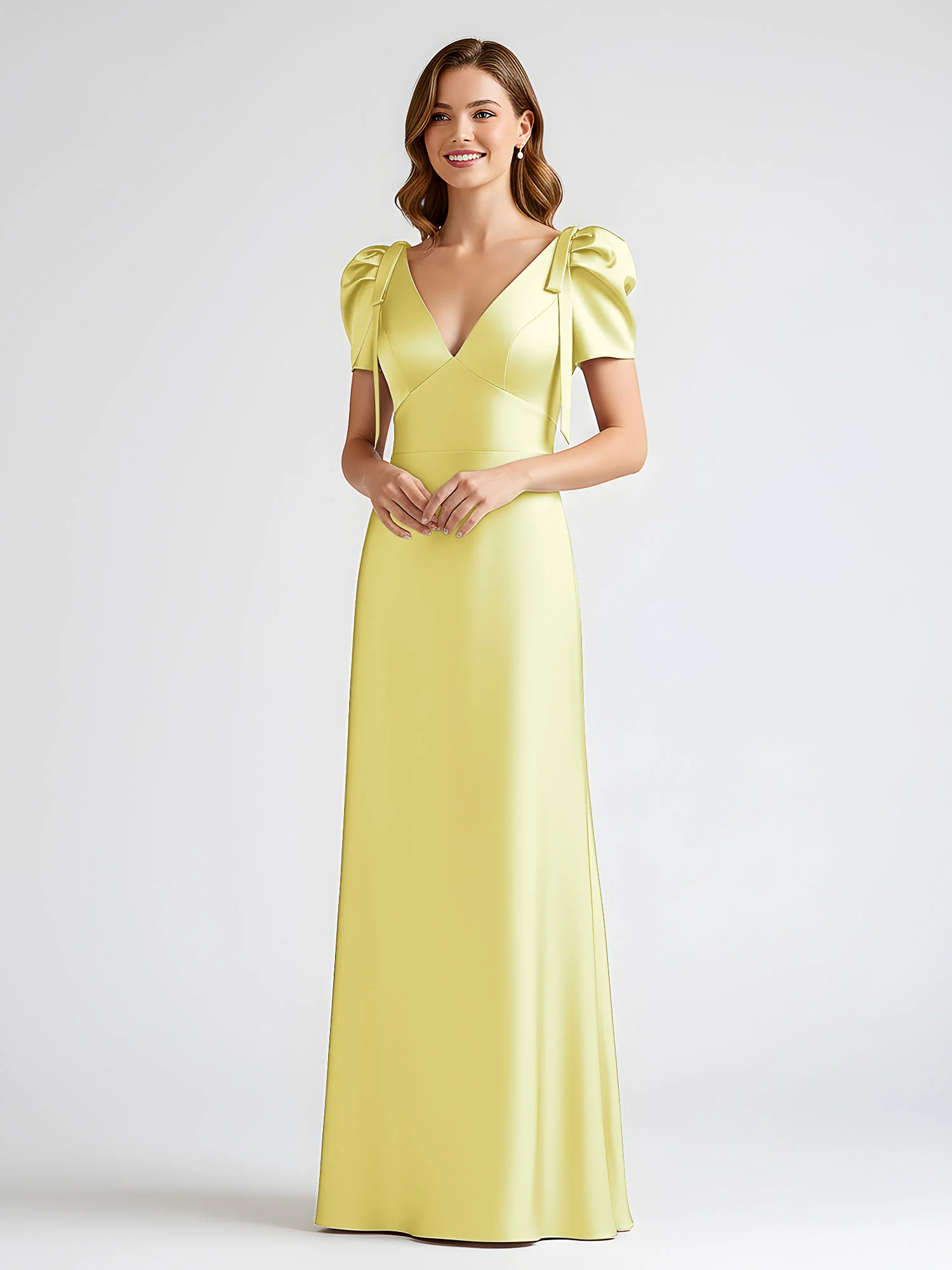 Bow-Detail Short Sleeve Satin Column Maxi Dress Daffodil