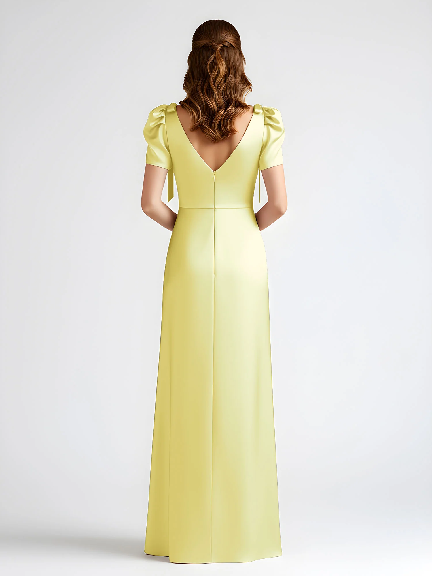 Bow-Detail Short Sleeve Satin Column Maxi Dress Daffodil - Image 2