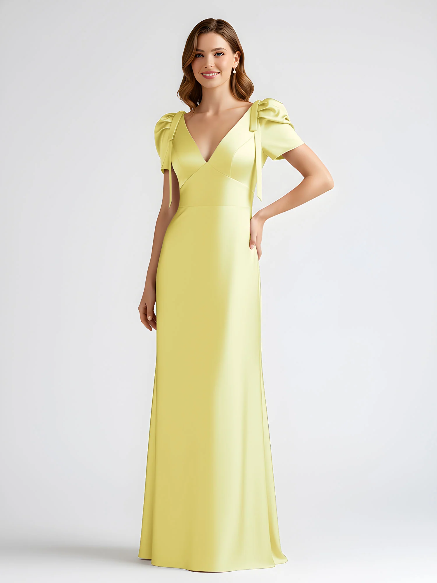 Bow-Detail Short Sleeve Satin Column Maxi Dress Daffodil - Image 3