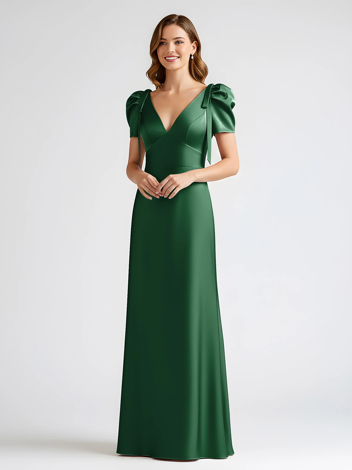 Bow-Detail Short Sleeve Satin Column Maxi Dress Dark Green