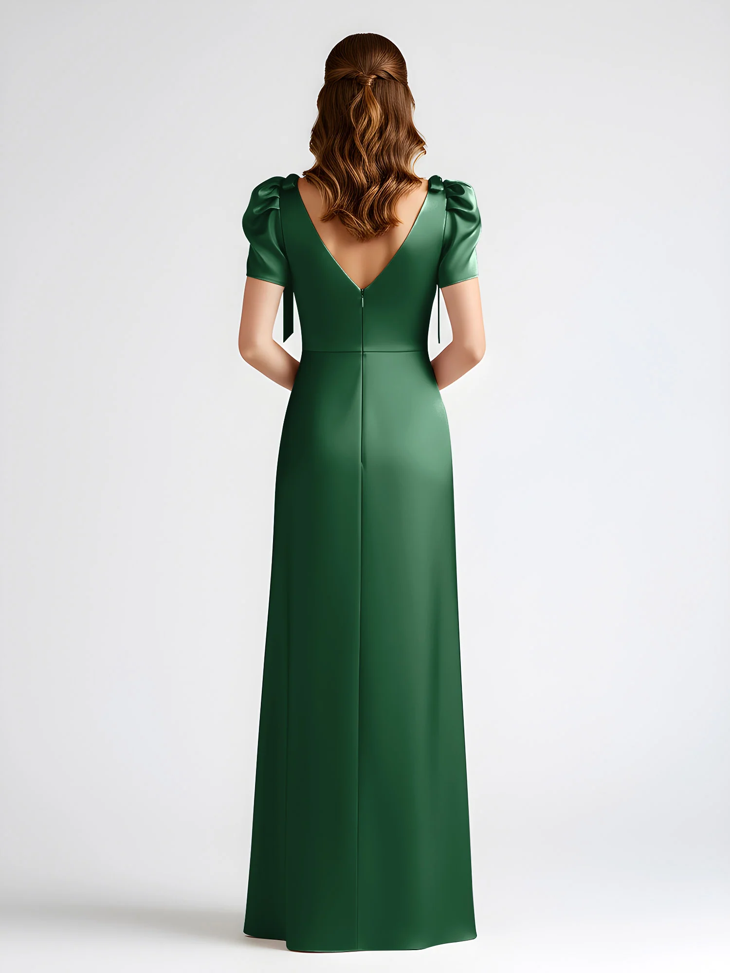 Bow-Detail Short Sleeve Satin Column Maxi Dress Dark Green - Image 2