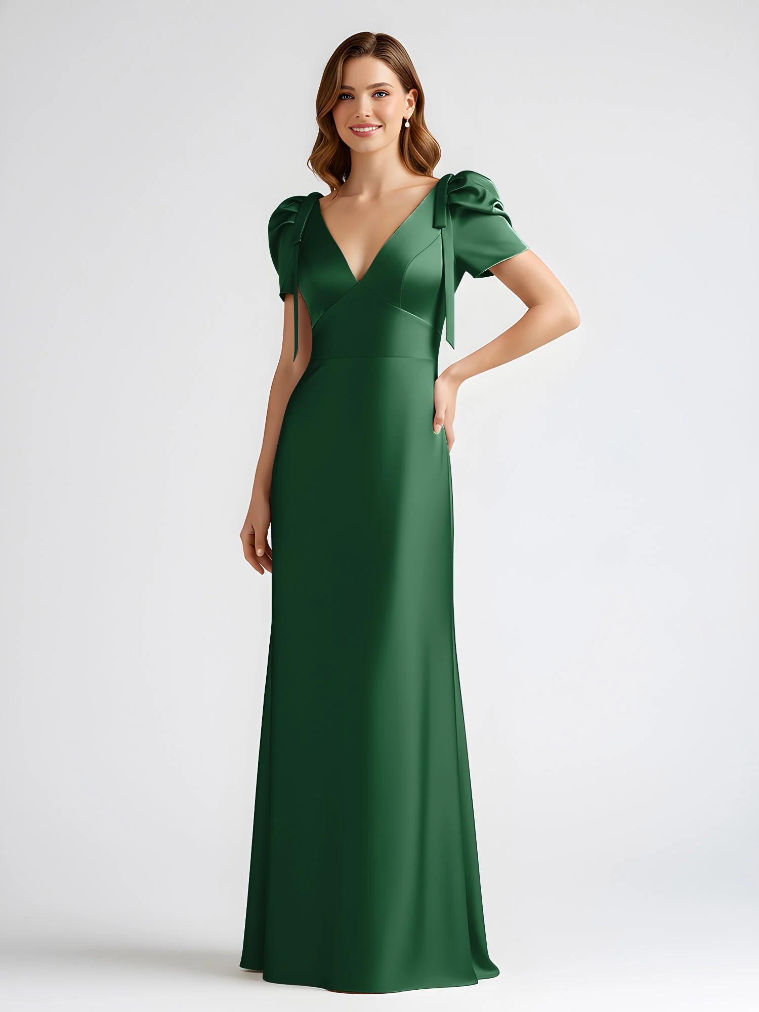 Bow-Detail Short Sleeve Satin Column Maxi Dress Dark Green - Image 3