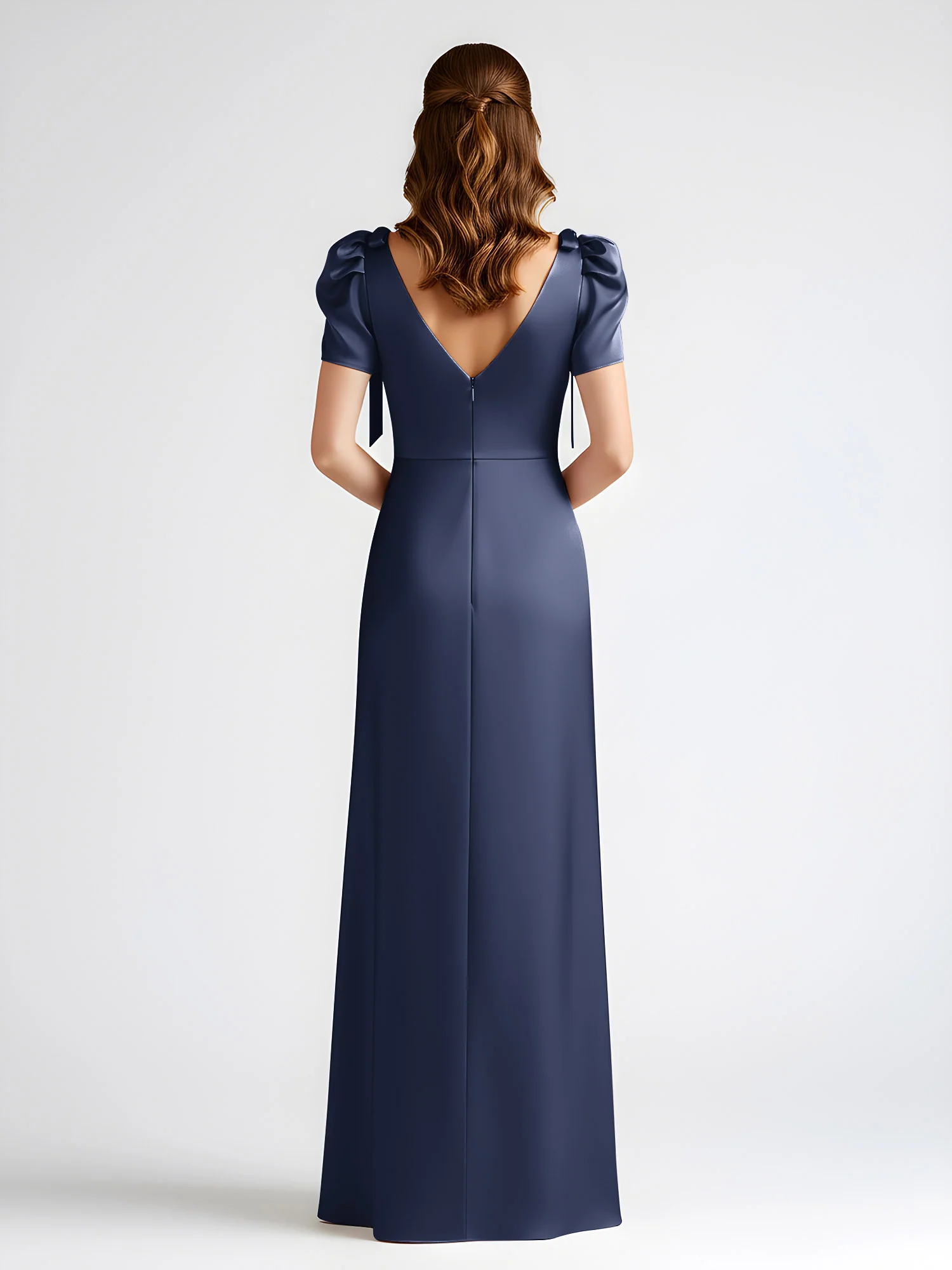 Bow-Detail Short Sleeve Satin Column Maxi Dress Dark Navy - Image 2