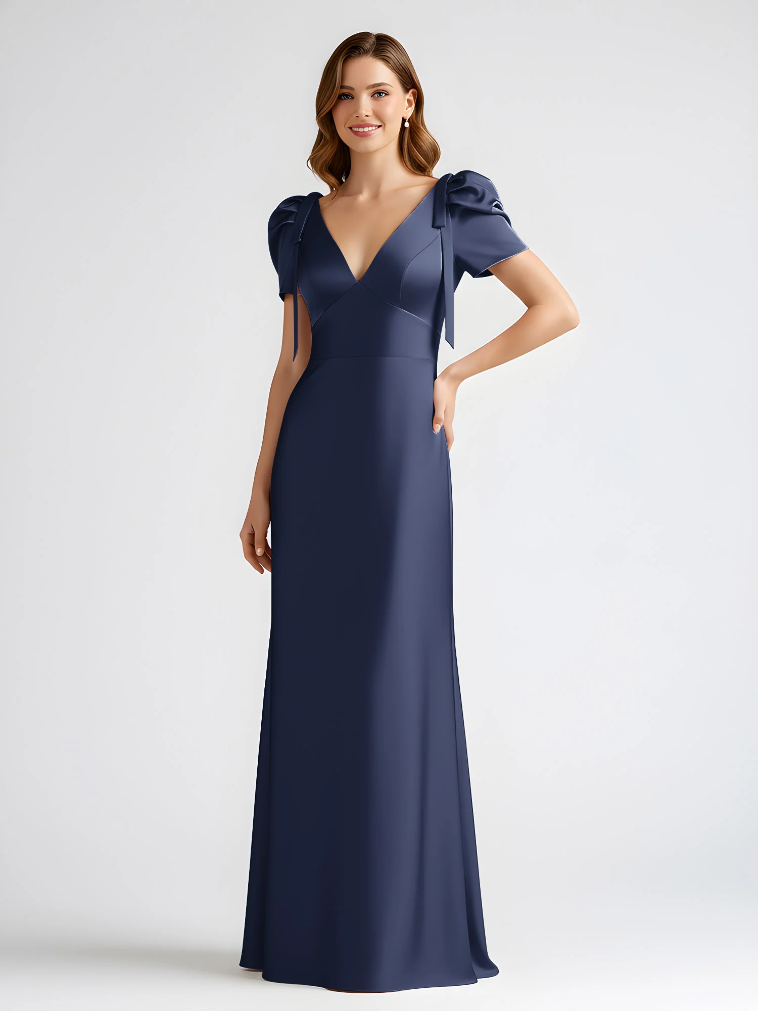 Bow-Detail Short Sleeve Satin Column Maxi Dress Dark Navy - Image 3