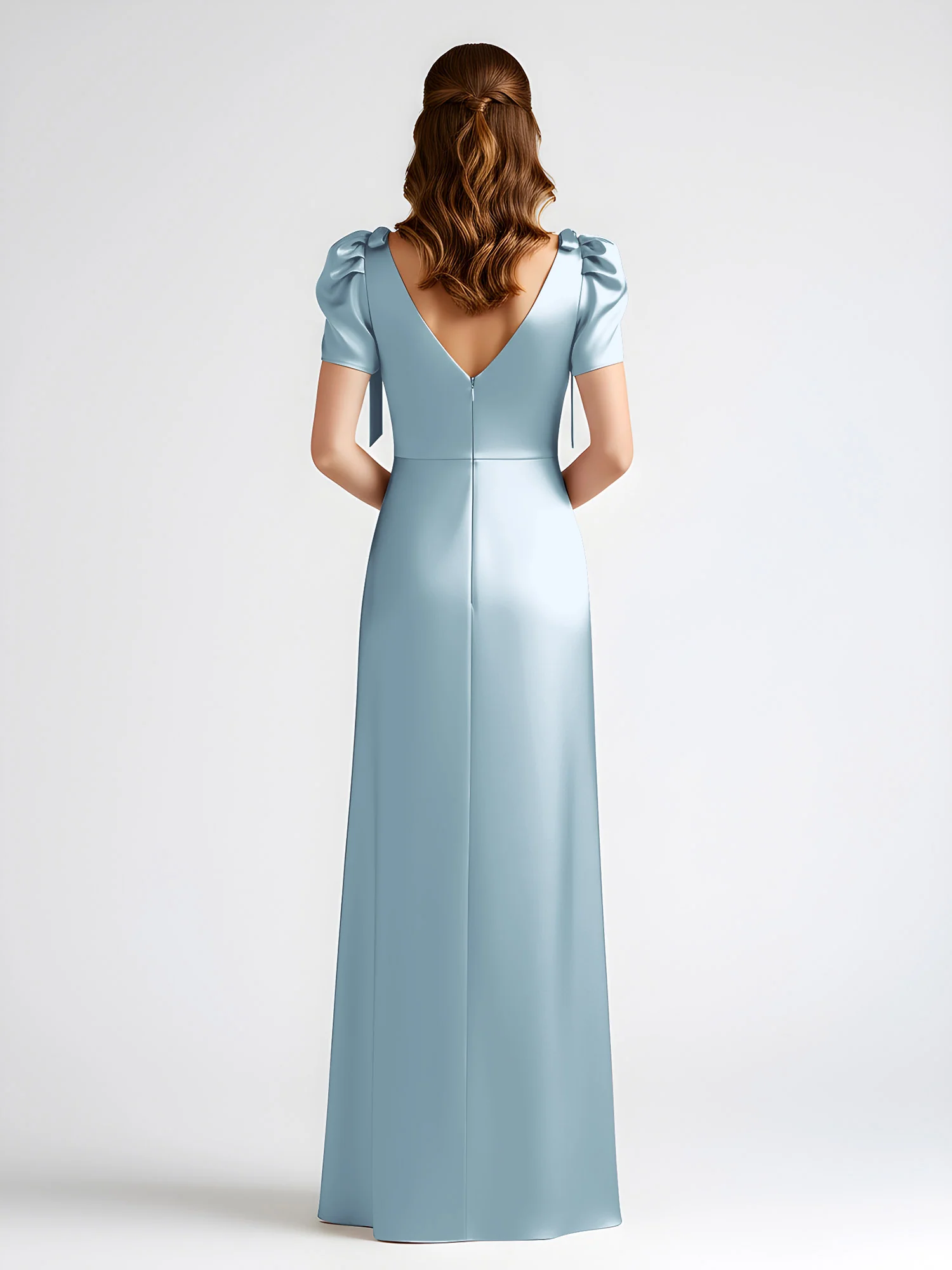Bow-Detail Short Sleeve Satin Column Maxi Dress Dusty Blue - Image 2