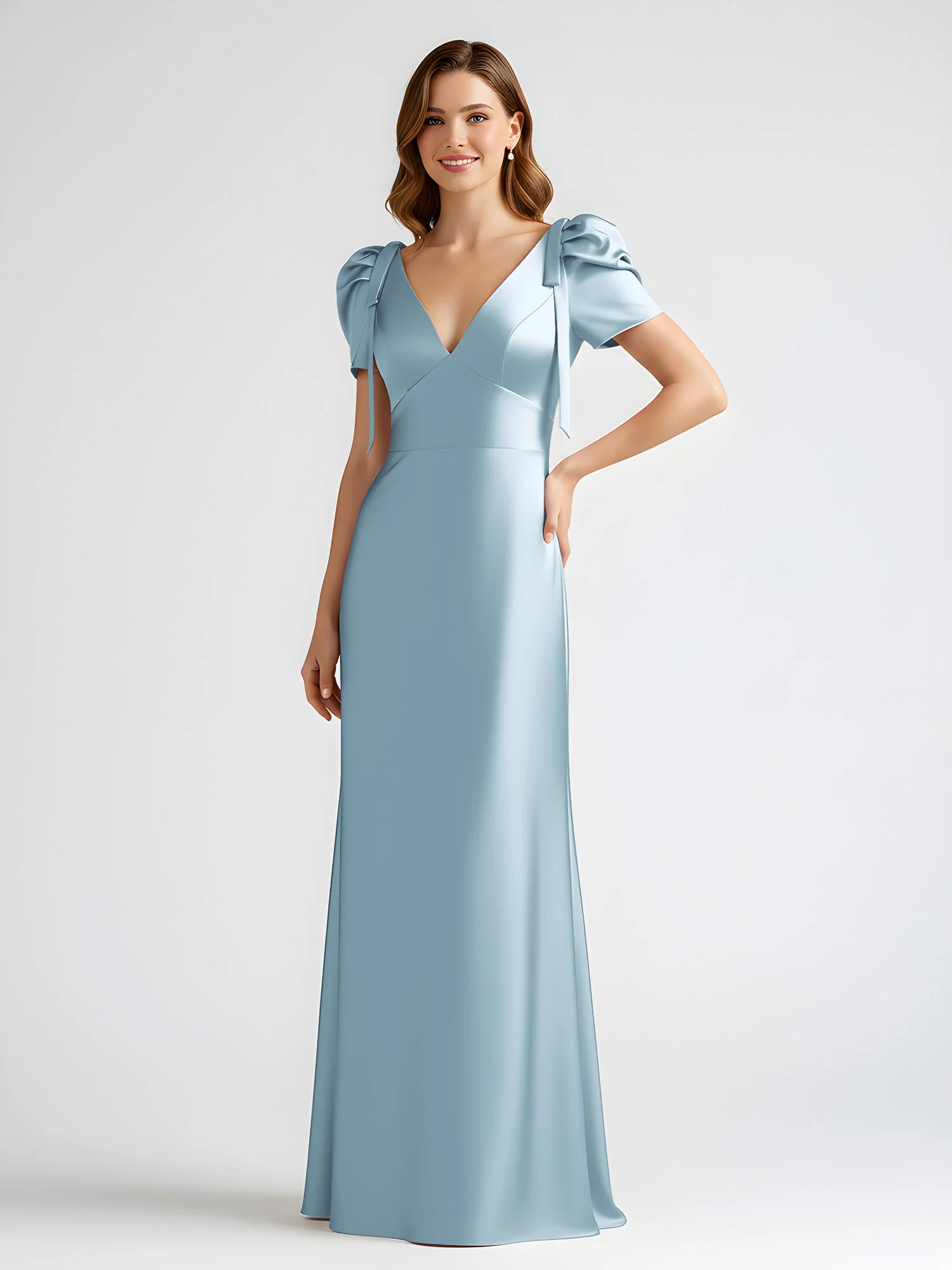 Bow-Detail Short Sleeve Satin Column Maxi Dress Dusty Blue - Image 3