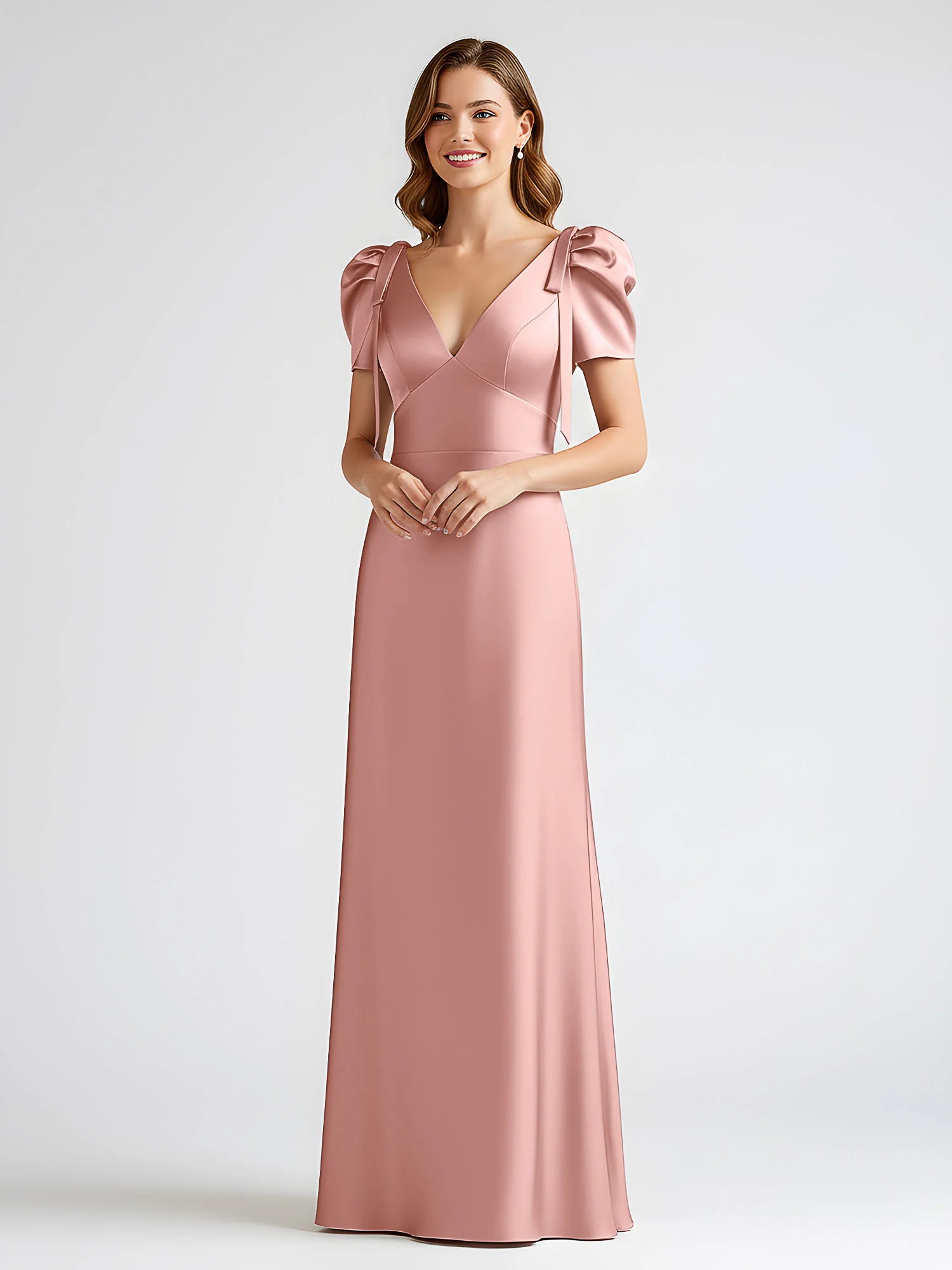 Bow-Detail Short Sleeve Satin Column Maxi Dress Dusty Rose