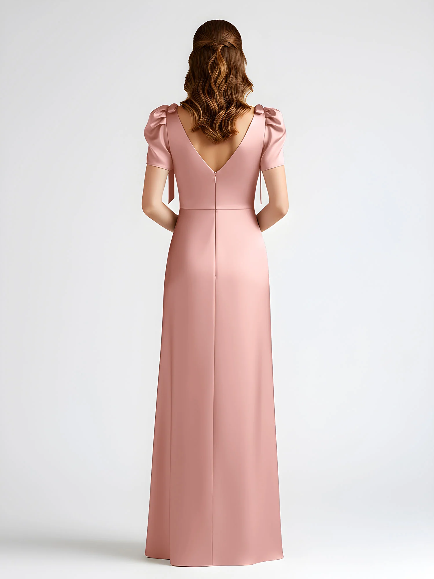 Bow-Detail Short Sleeve Satin Column Maxi Dress Dusty Rose - Image 2