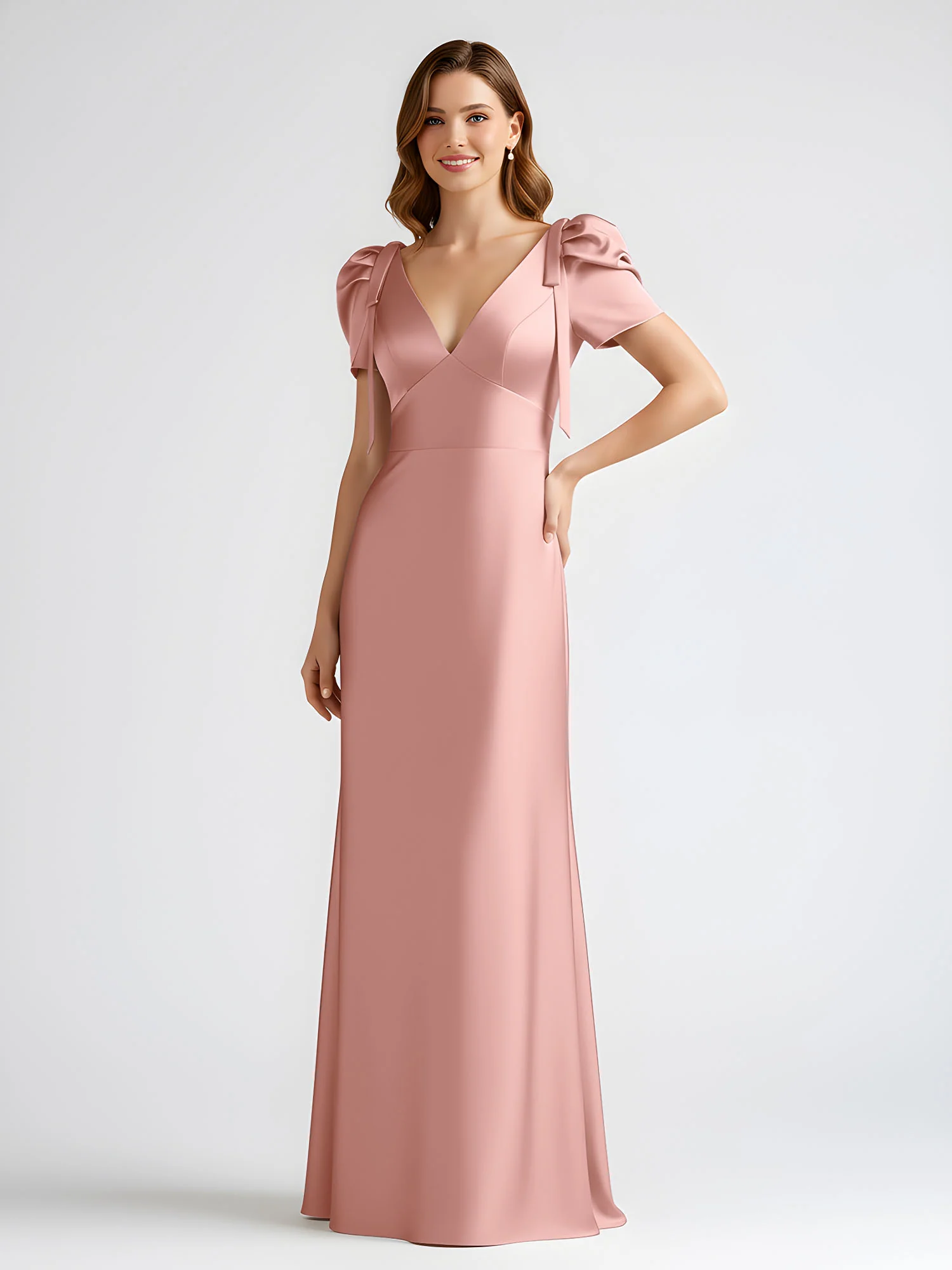 Bow-Detail Short Sleeve Satin Column Maxi Dress Dusty Rose - Image 3