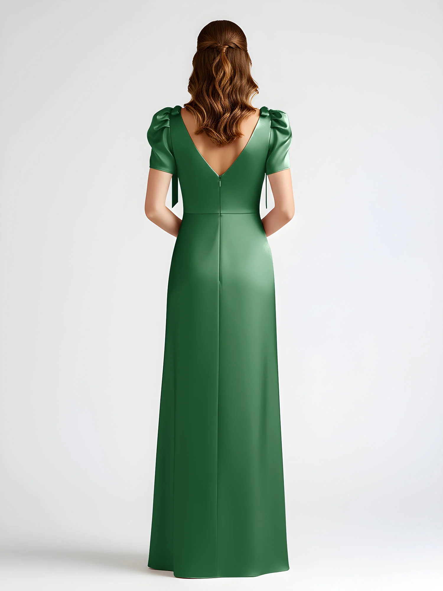 Bow-Detail Short Sleeve Satin Column Maxi Dress Emerald - Image 2