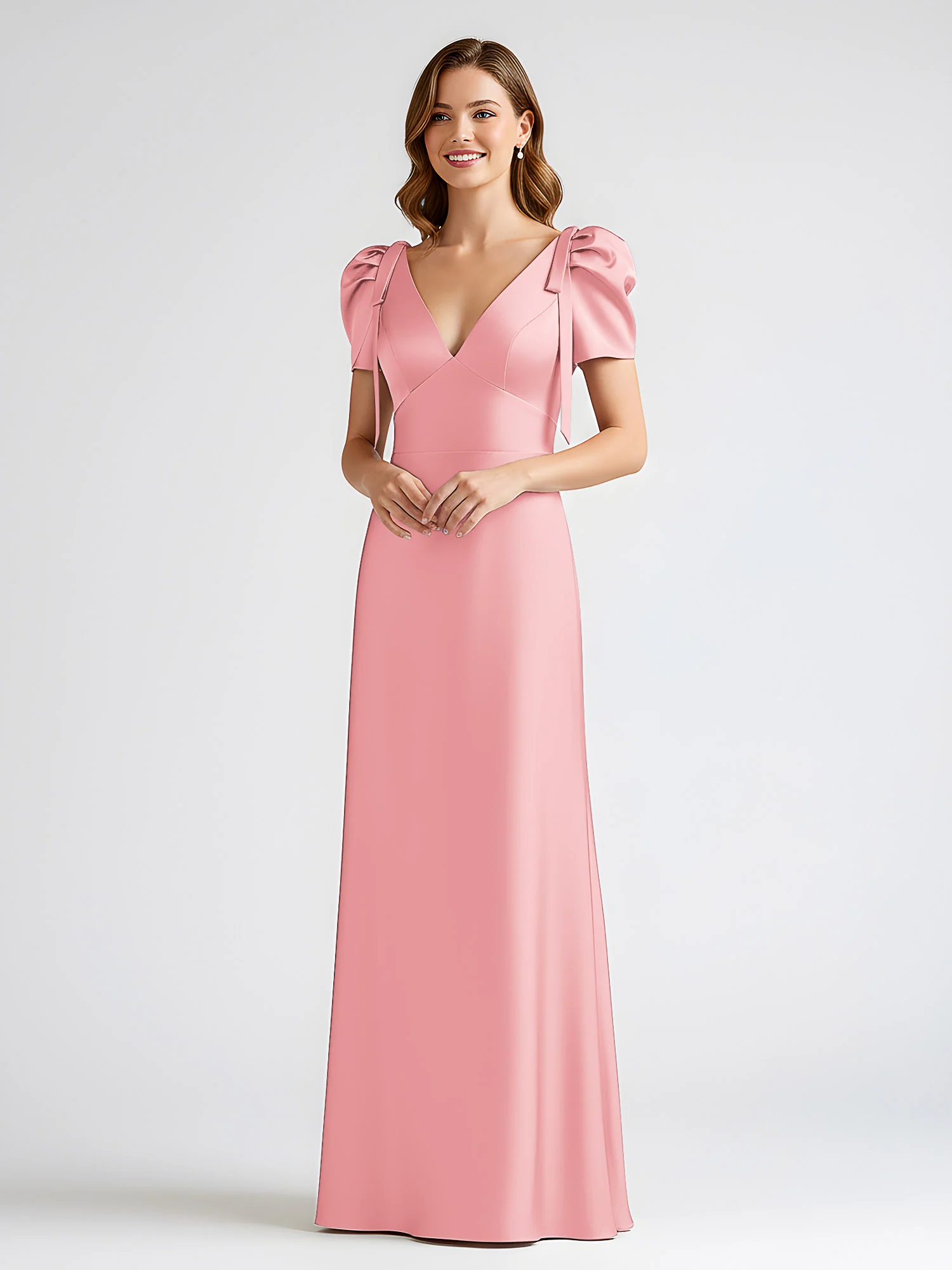 Bow-Detail Short Sleeve Satin Column Maxi Dress Flamingo