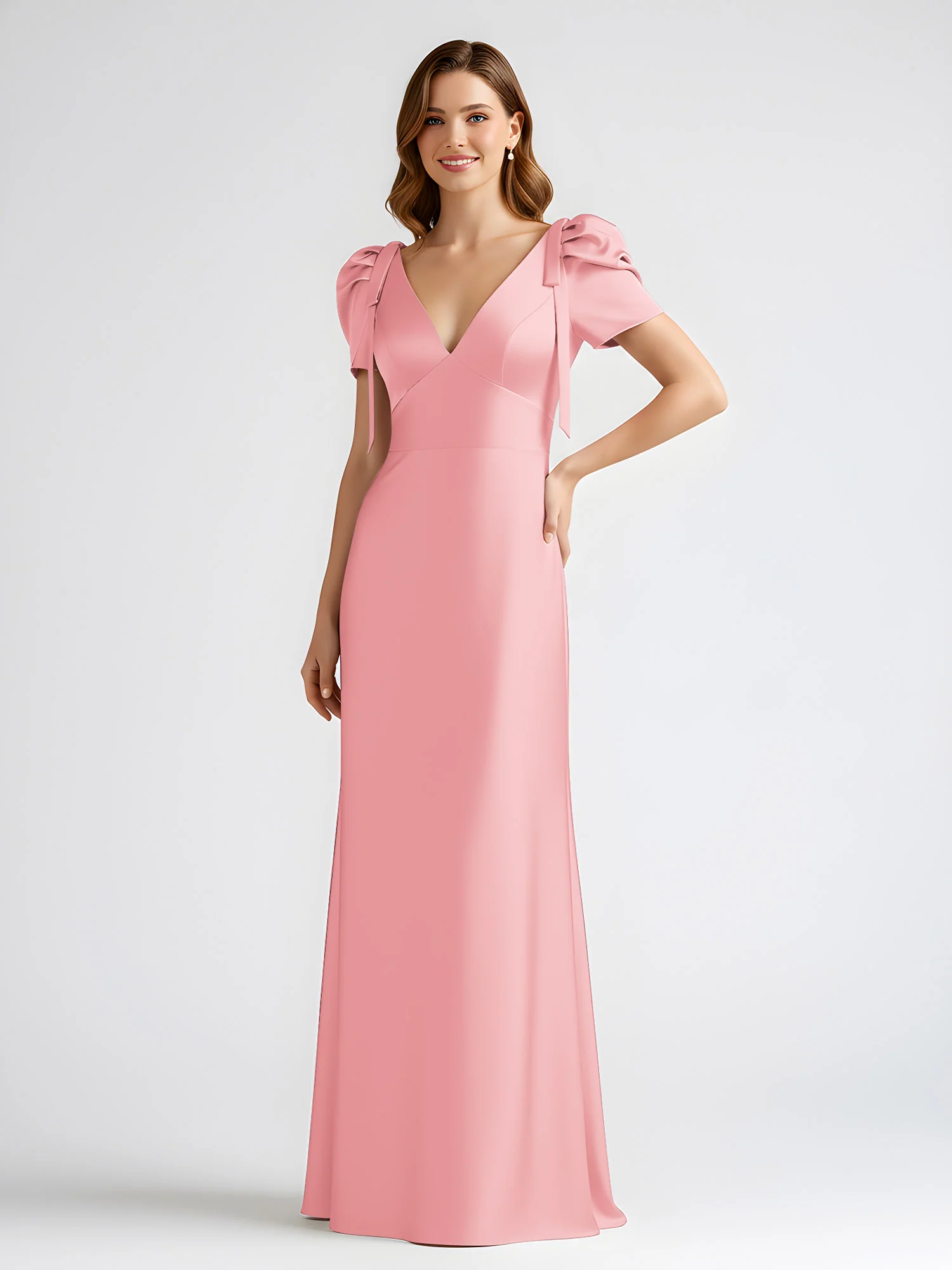 Bow-Detail Short Sleeve Satin Column Maxi Dress Flamingo - Image 3