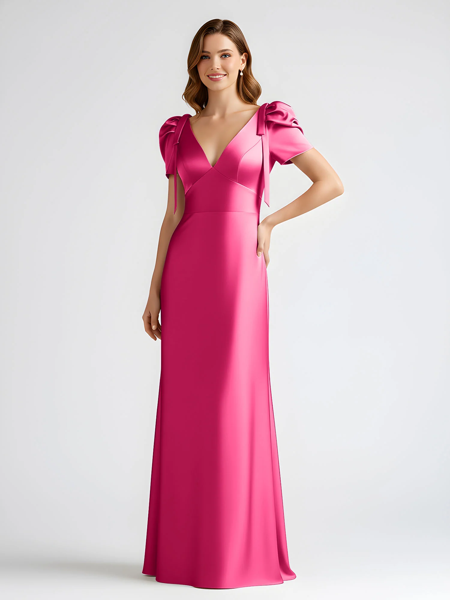 Bow-Detail Short Sleeve Satin Column Maxi Dress Fuchsia - Image 3