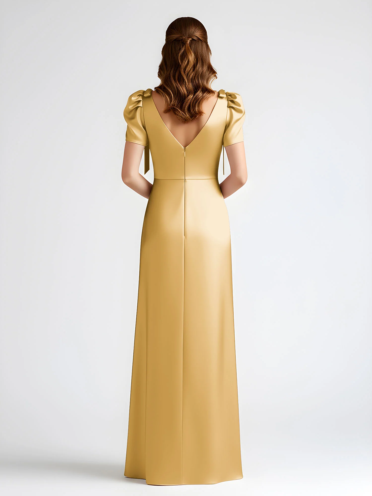 Bow-Detail Short Sleeve Satin Column Maxi Dress Gold - Image 2