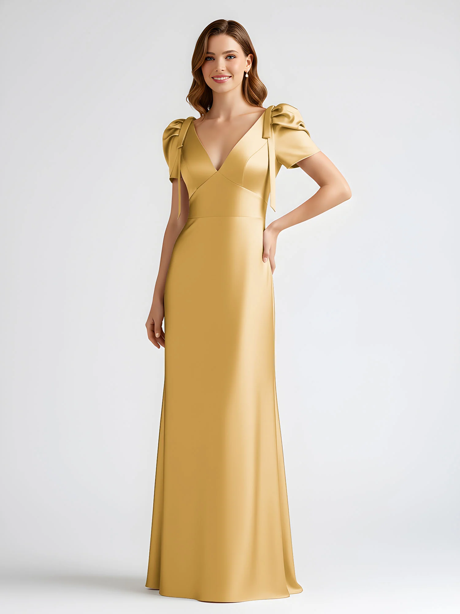 Bow-Detail Short Sleeve Satin Column Maxi Dress Gold - Image 3