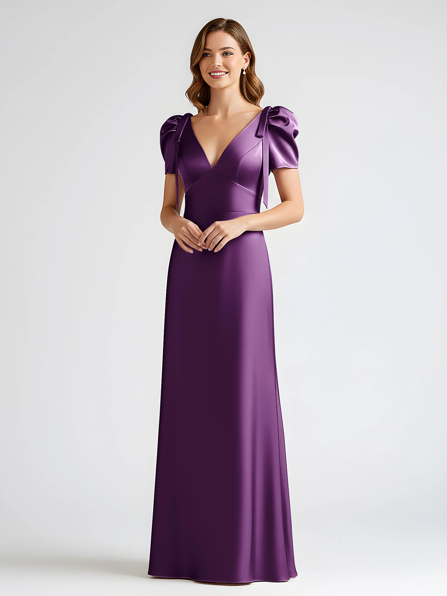 Bow-Detail Short Sleeve Satin Column Maxi Dress Grape