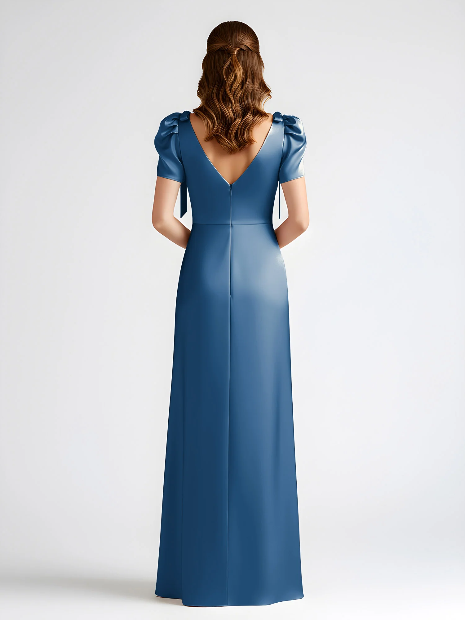 Bow-Detail Short Sleeve Satin Column Maxi Dress Ink Blue - Image 2